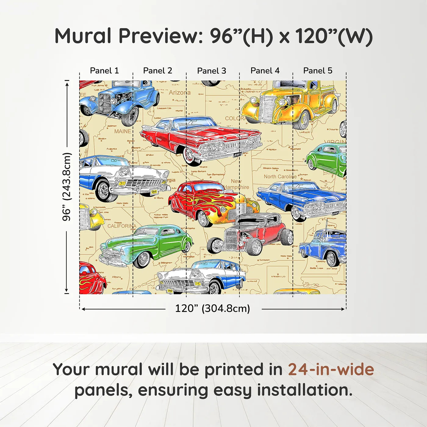 Whimsy Tots Classic Car Map Wall Muraldimension view (96" H x 120" W). Printed in five 24-inch-wide panels. Best for Boys