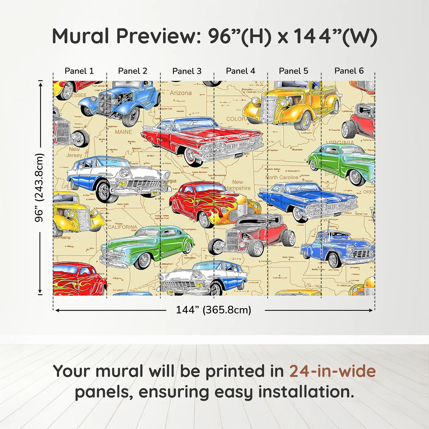 Whimsy Tots Classic Car Map Wall Muraldimension view (96" H x 144" W). Printed in six 24-inch-wide panels. Best for Boys