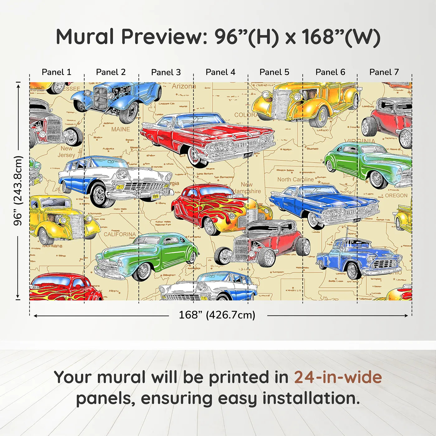 Whimsy Tots Classic Car Map Wall Muraldimension view (96" H x 168" W). Printed in seven 24-inch-wide panels. Best for Boys