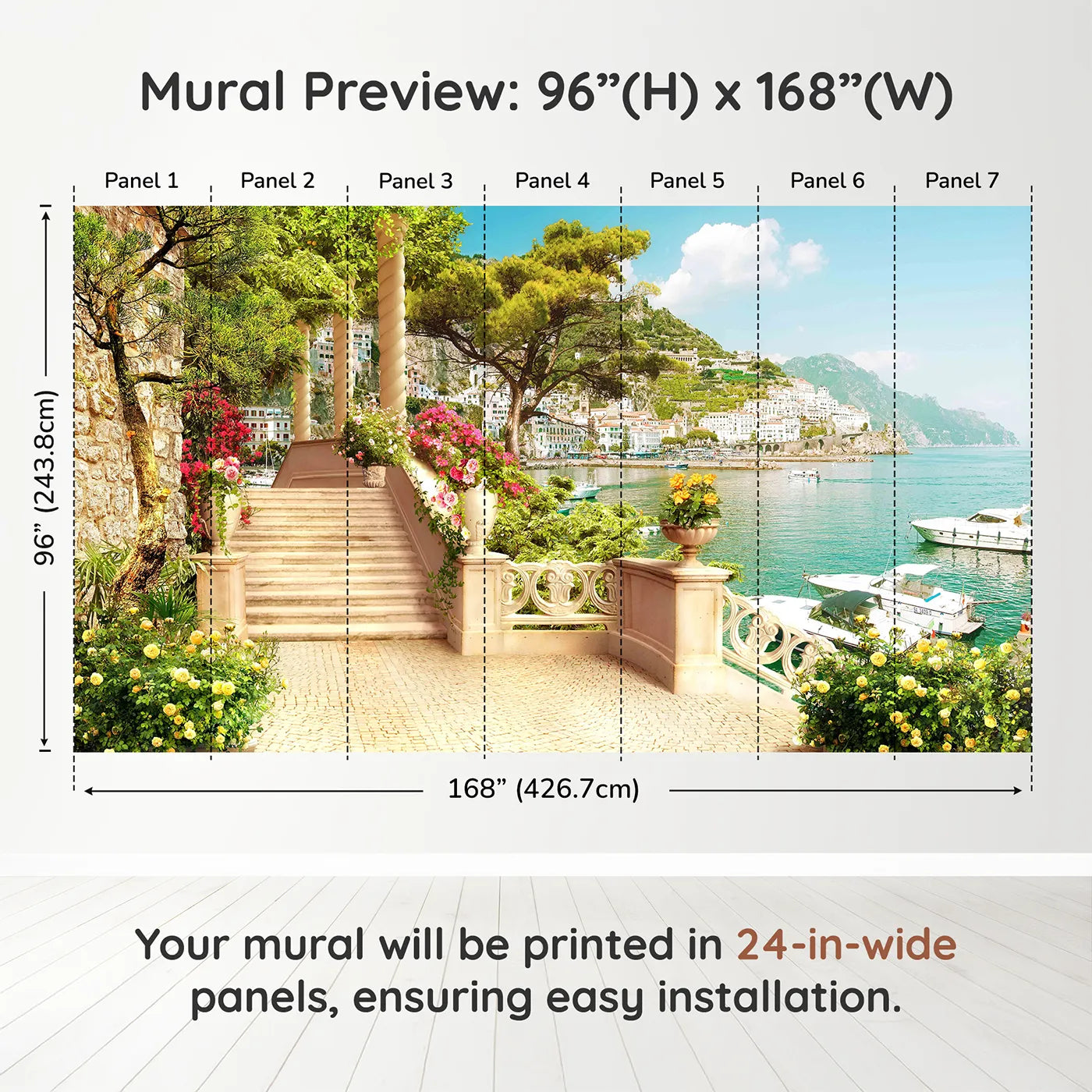 Whimsy Tots Amalfi Coast Terrace Wall Muraldimension view (96" H x 168" W). Printed in seven 24-inch-wide panels. Gender-Neutral