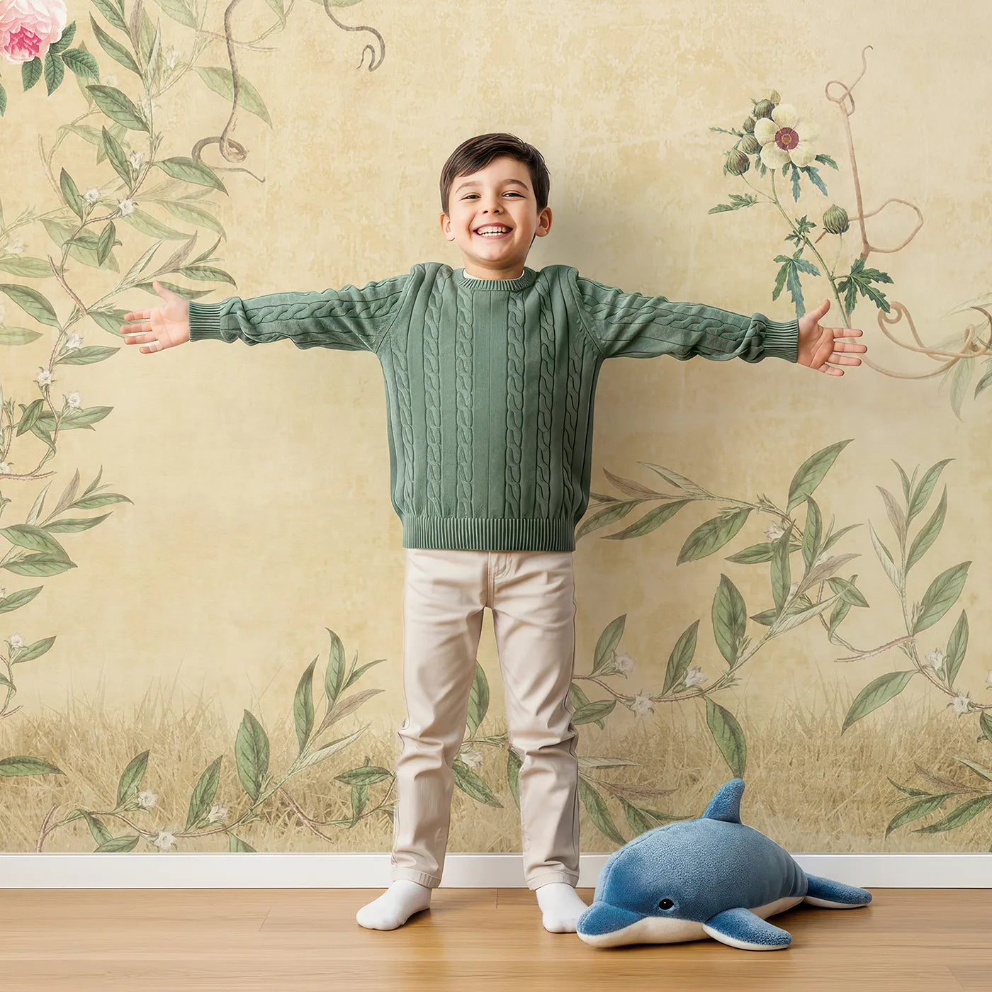 Child in front of Whimsy Tots Golden Chinoiserie Garden Wall Mural with chinoiserie, vintage, floral, flower, bird, tree, gold, classic in design.