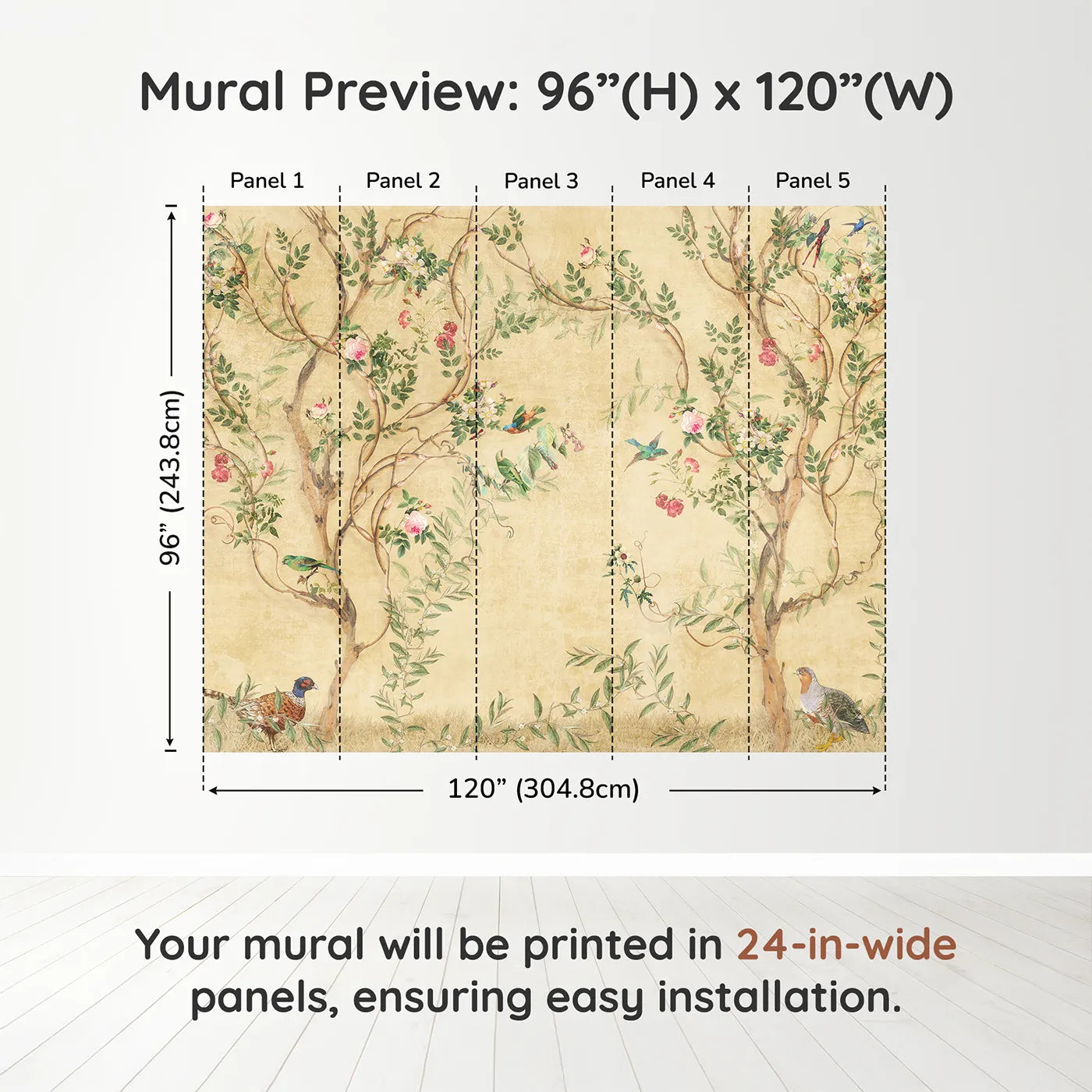 Whimsy Tots Golden Chinoiserie Garden Wall Muraldimension view (96" H x 120" W). Printed in five 24-inch-wide panels. Gender-Neutral