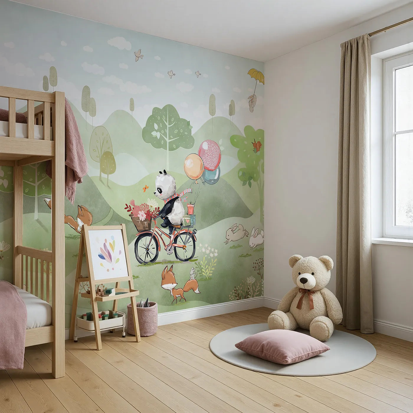 Angled view of Whimsy Tots' Panda on a Bike Wall Mural (Turn Their Room into the Sweetest, Most Whimsical Meadow).Gender-Neutral