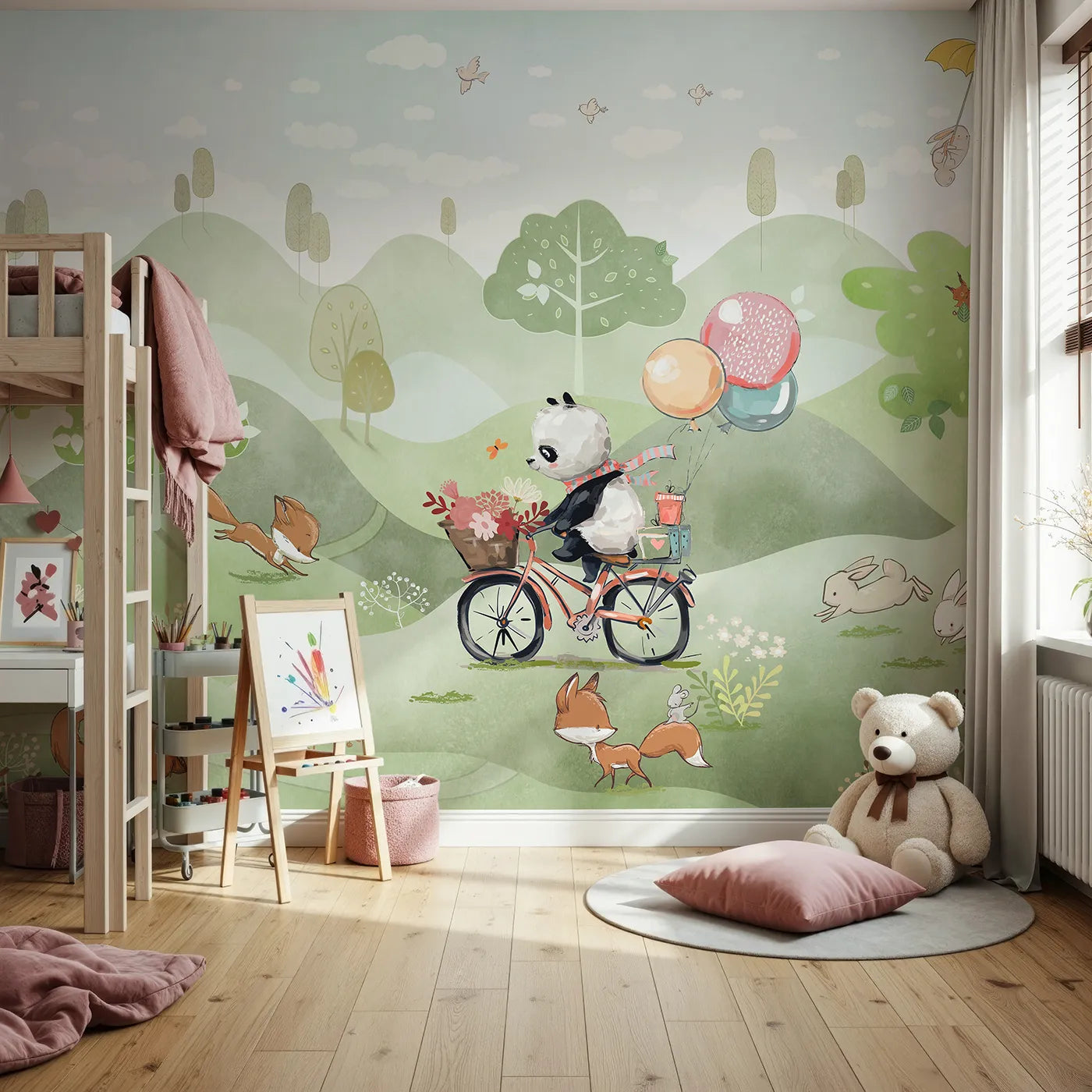 Front view of Whimsy Tots' Panda on a Bike Wall Mural