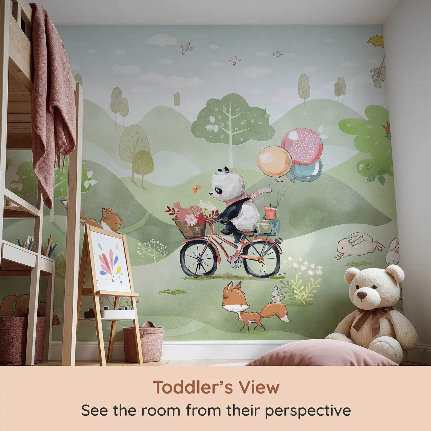 Whimsy Tots Panda on a Bike Wall Mural (Turn Their Room into the Sweetest, Most Whimsical Meadow) from your child's view.Gender-Neutral