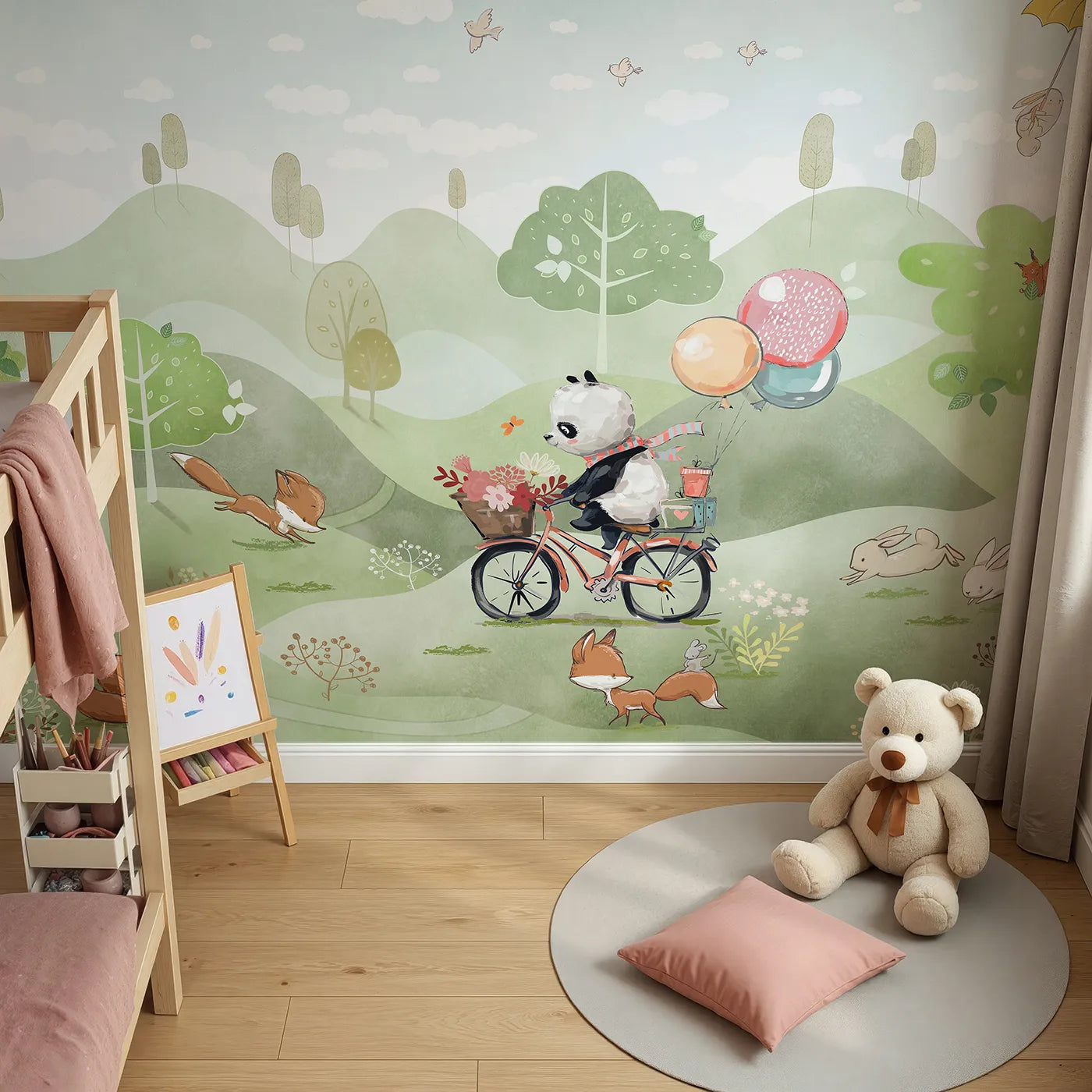 Top-down view of Whimsy Tots' Panda on a Bike Wall Mural (Turn Their Room into the Sweetest, Most Whimsical Meadow).Gender-Neutral