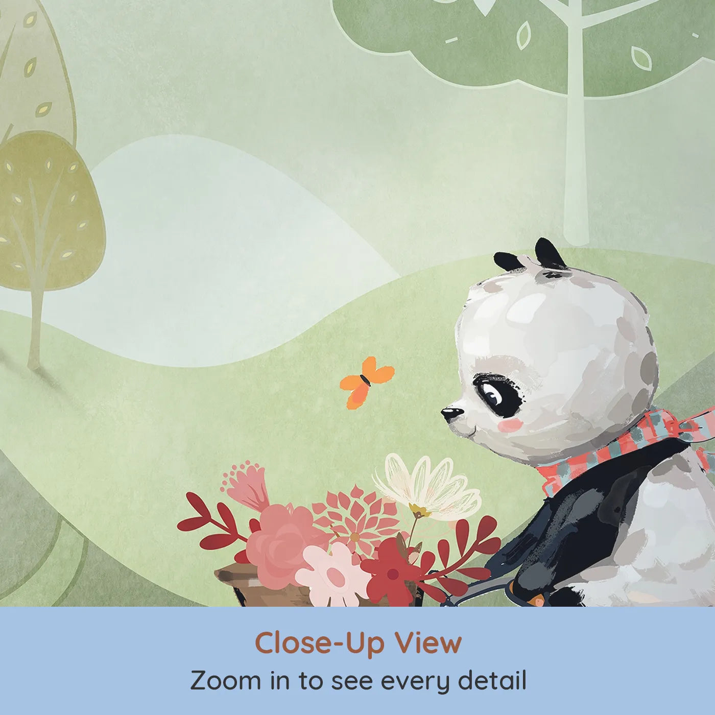 Close-up view of Whimsy Tots' Panda on a Bike Wall Mural (Turn Their Room into the Sweetest, Most Whimsical Meadow).Gender-Neutral