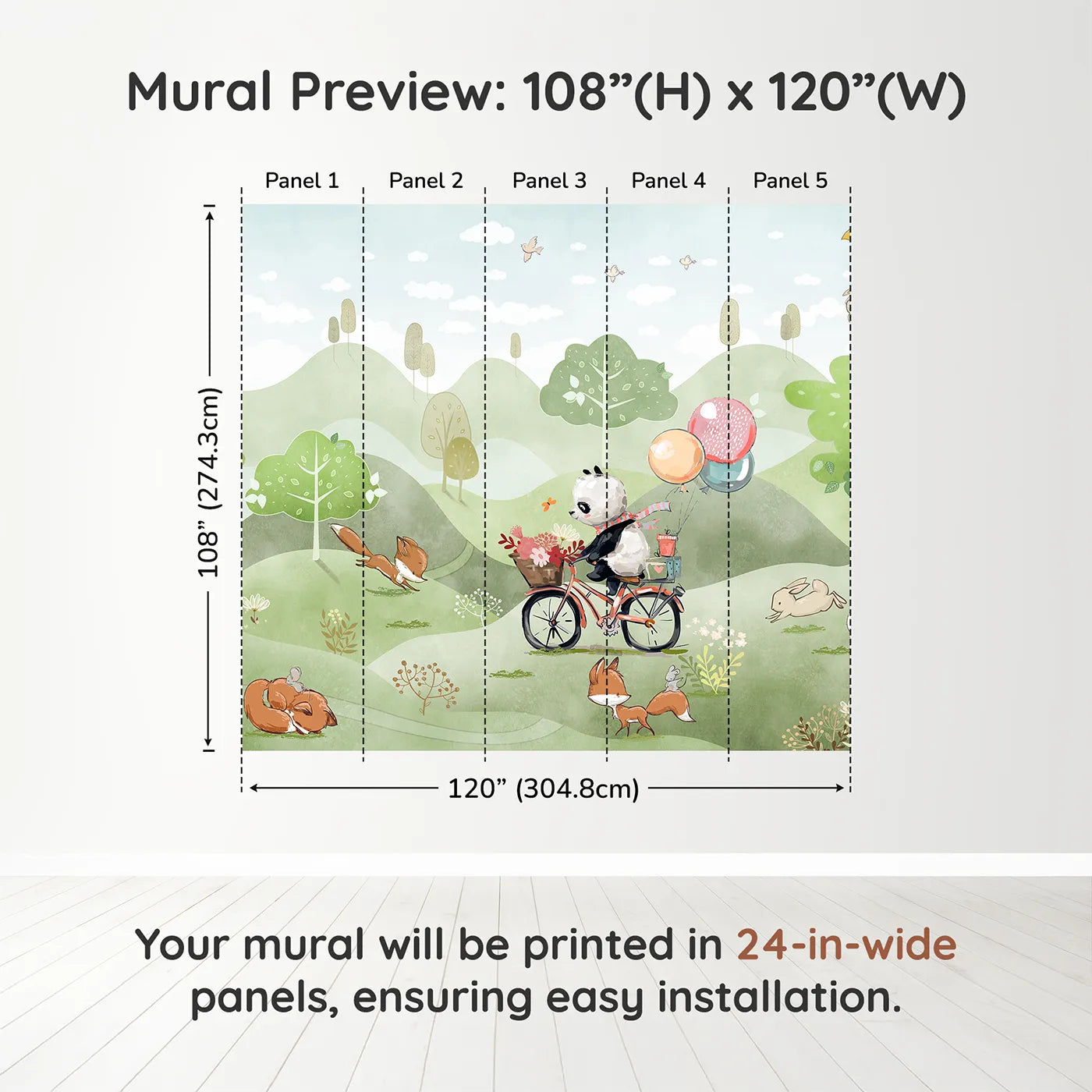 Whimsy Tots Panda on a Bike Wall Muraldimension view (108" H x 120" W). Printed in five 24-inch-wide panels. Gender-Neutral