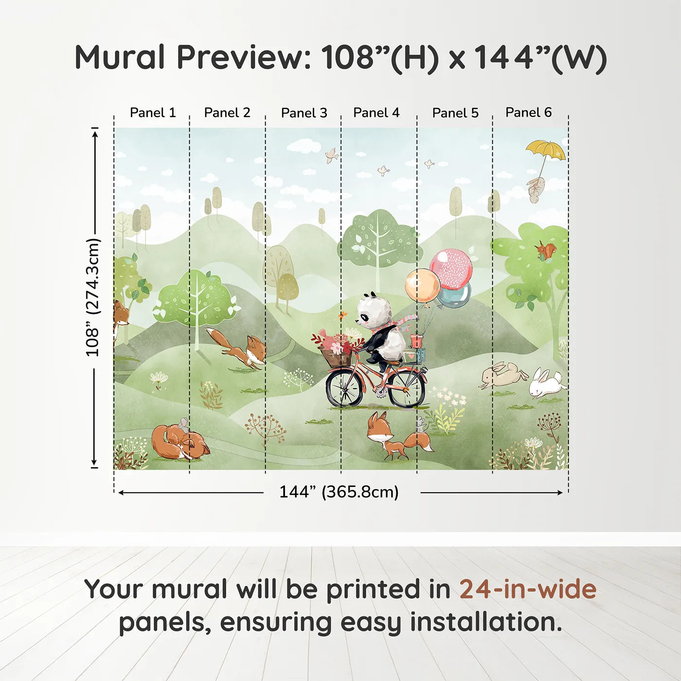 Whimsy Tots Panda on a Bike Wall Muraldimension view (108" H x 144" W). Printed in six 24-inch-wide panels. Gender-Neutral