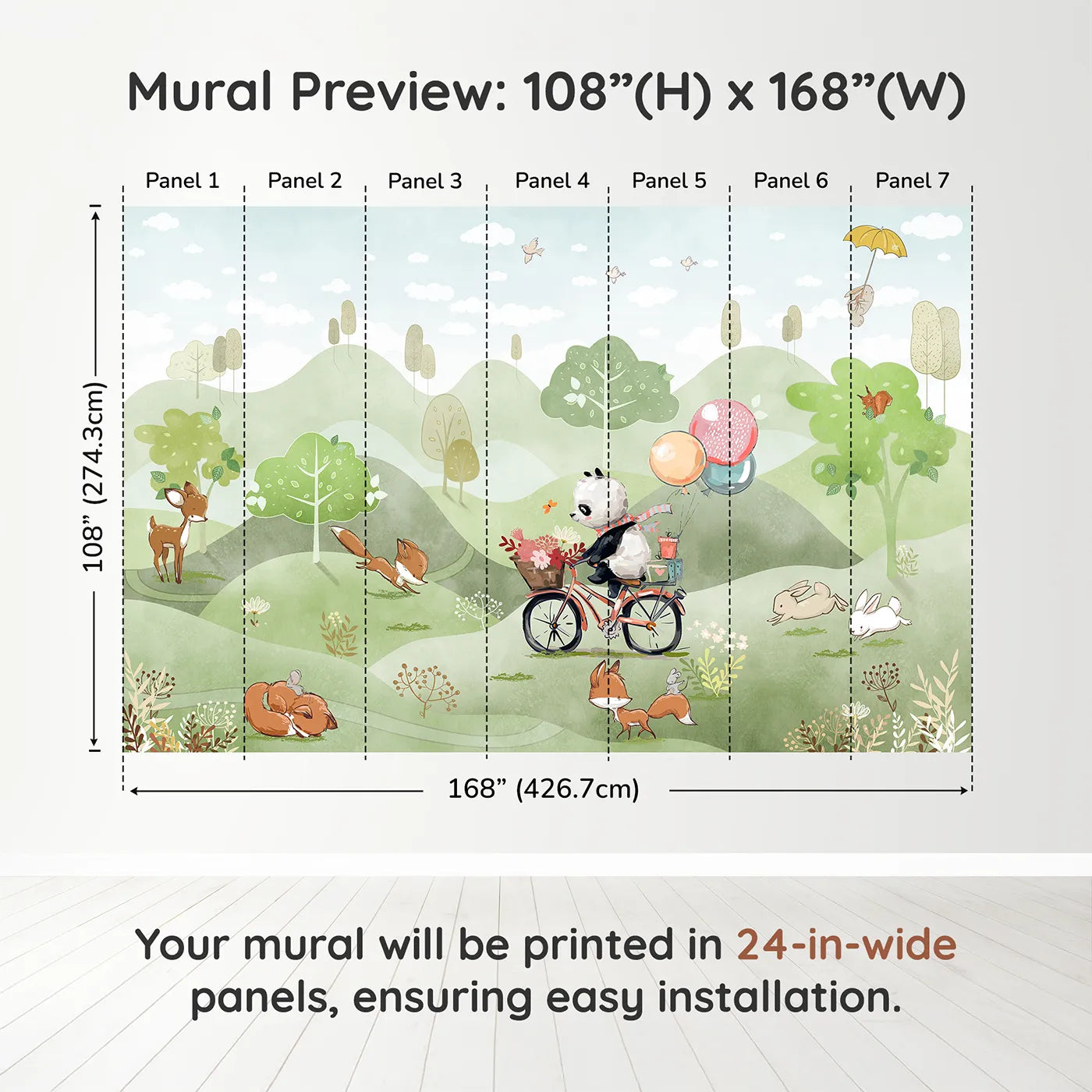 Whimsy Tots Panda on a Bike Wall Muraldimension view (108" H x 168" W). Printed in seven 24-inch-wide panels. Gender-Neutral