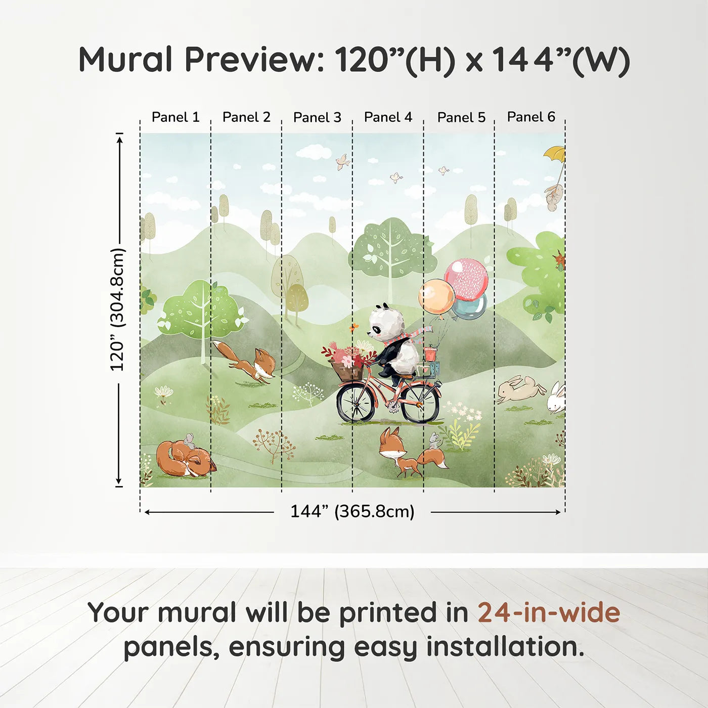 Whimsy Tots Panda on a Bike Wall Muraldimension view (120" H x 144" W). Printed in six 24-inch-wide panels. Gender-Neutral