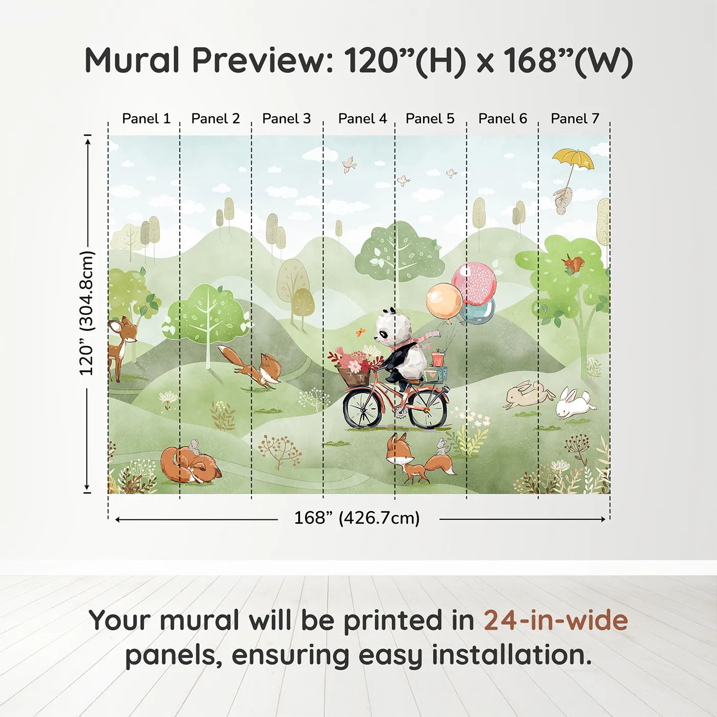 Whimsy Tots Panda on a Bike Wall Muraldimension view (120" H x 168" W). Printed in seven 24-inch-wide panels. Gender-Neutral