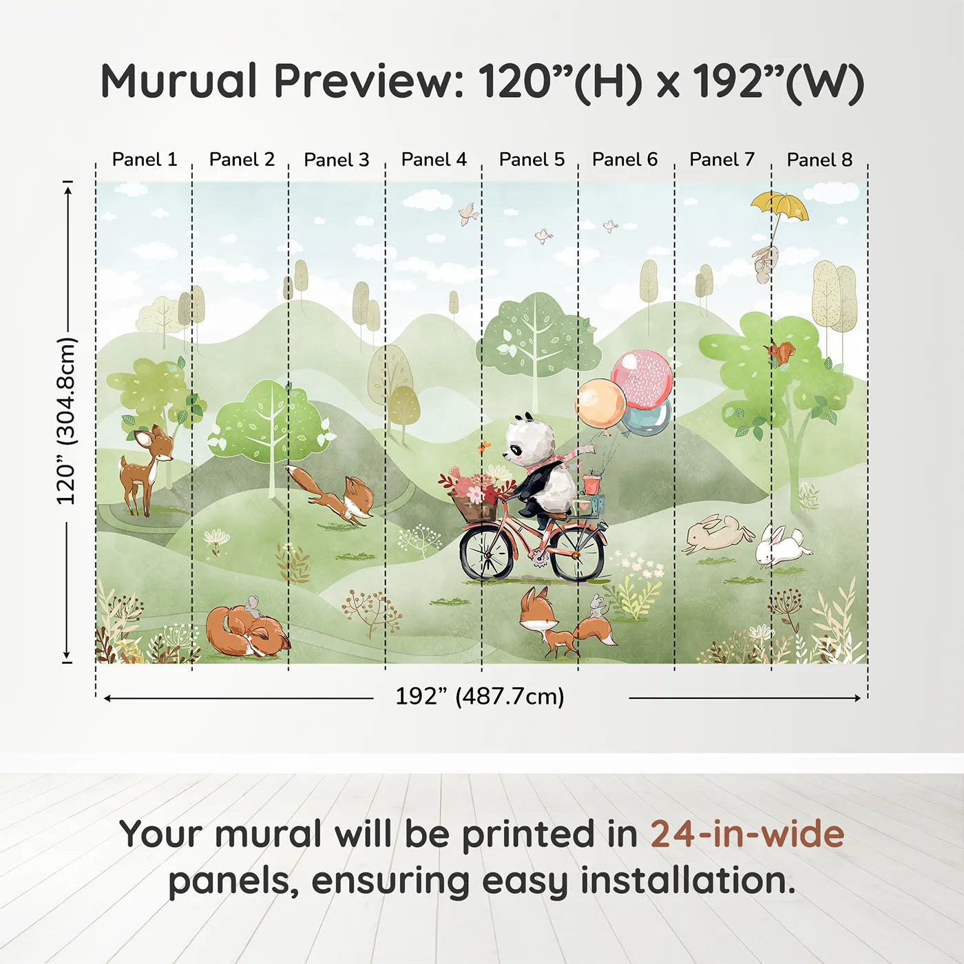 Whimsy Tots Panda on a Bike Wall Muraldimension view (120" H x 192" W). Printed in eight 24-inch-wide panels. Gender-Neutral