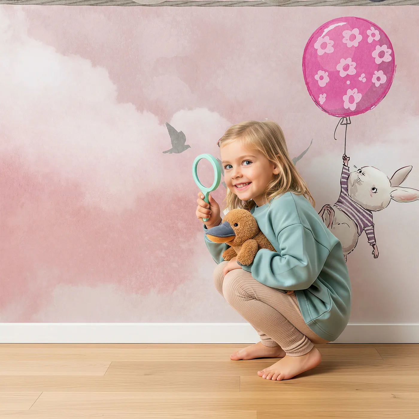 Child in front of Whimsy Tots High Wire Circus Wall Mural with animal, cute, circus, pink, sky, high wire, whimsical, elephant in design.