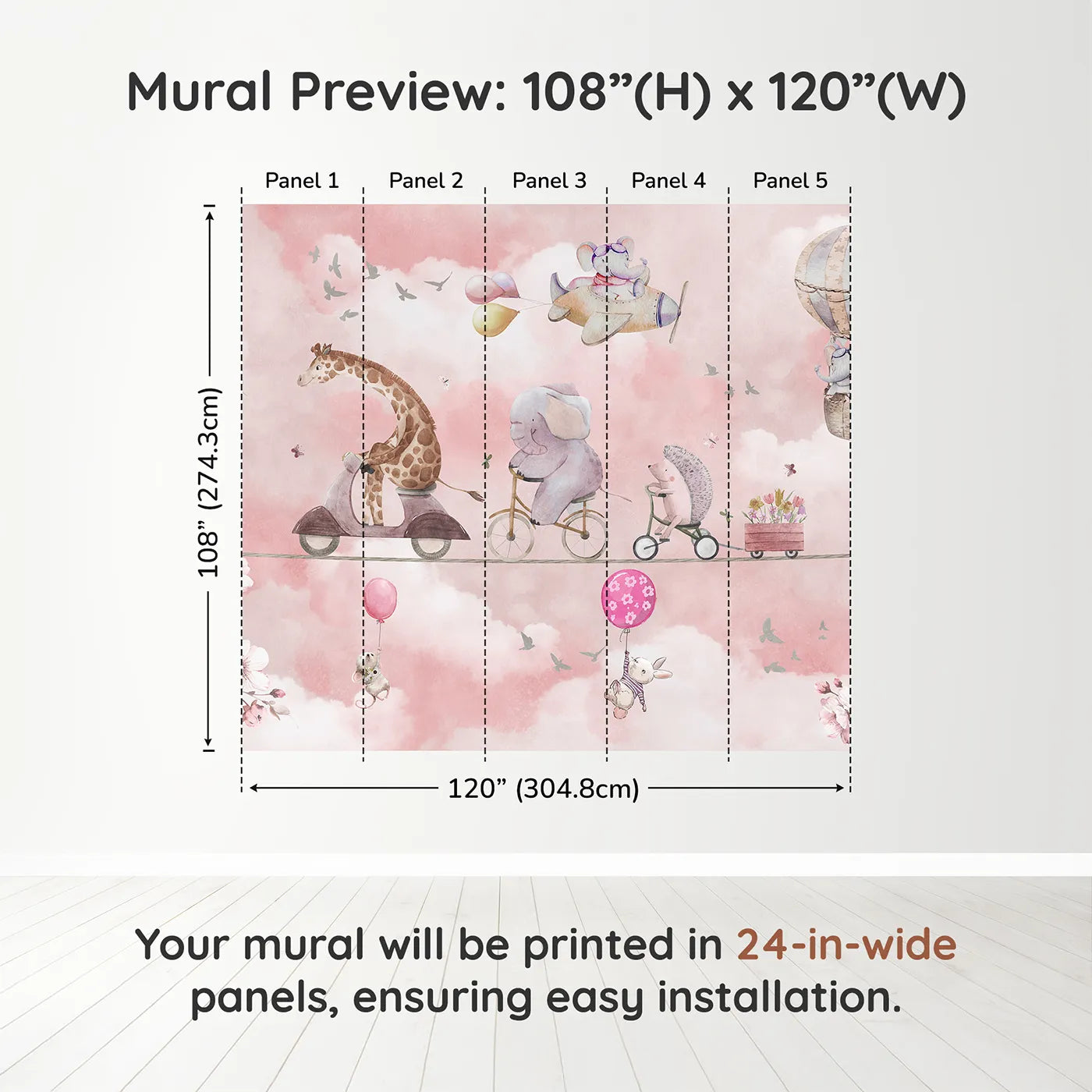 Whimsy Tots High Wire Circus Wall Muraldimension view (108" H x 120" W). Printed in five 24-inch-wide panels. Gender-Neutral