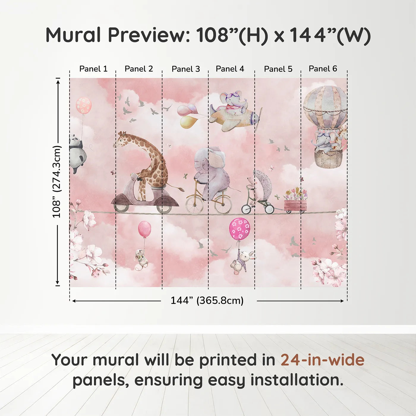 Whimsy Tots High Wire Circus Wall Muraldimension view (108" H x 144" W). Printed in six 24-inch-wide panels. Gender-Neutral