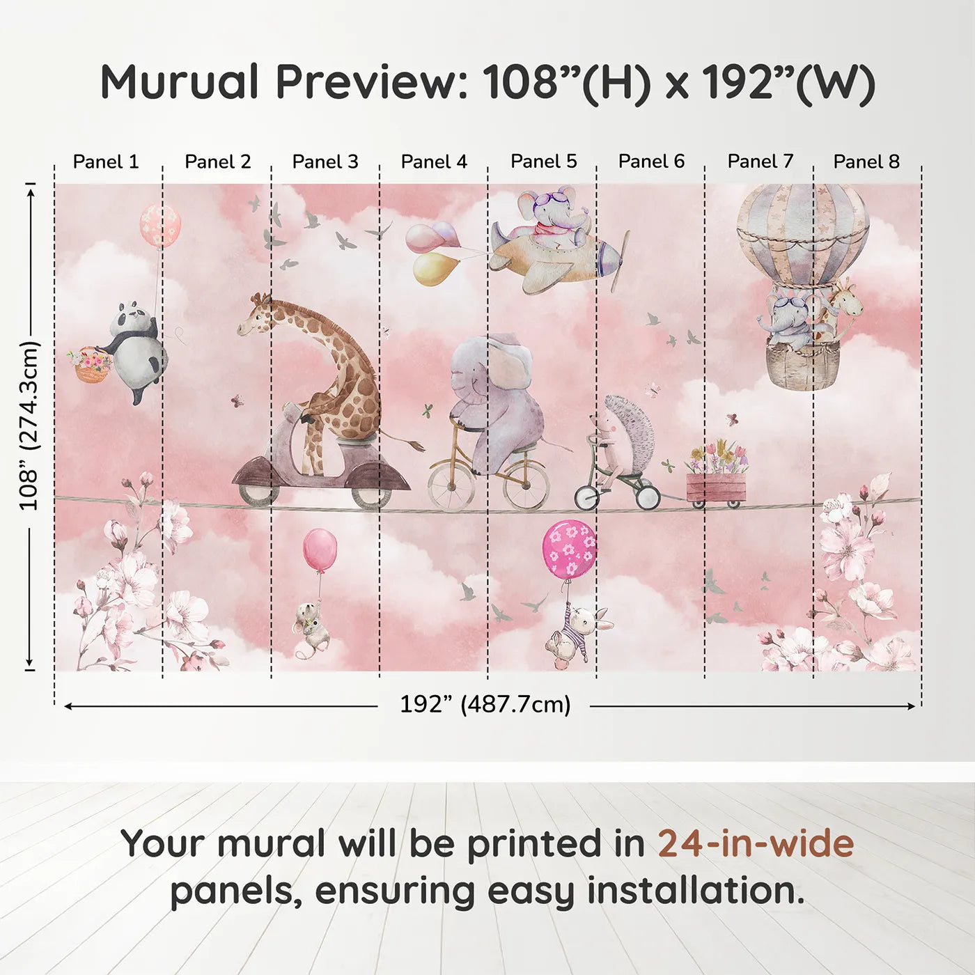 Whimsy Tots High Wire Circus Wall Muraldimension view (108" H x 192" W). Printed in eight 24-inch-wide panels. Gender-Neutral