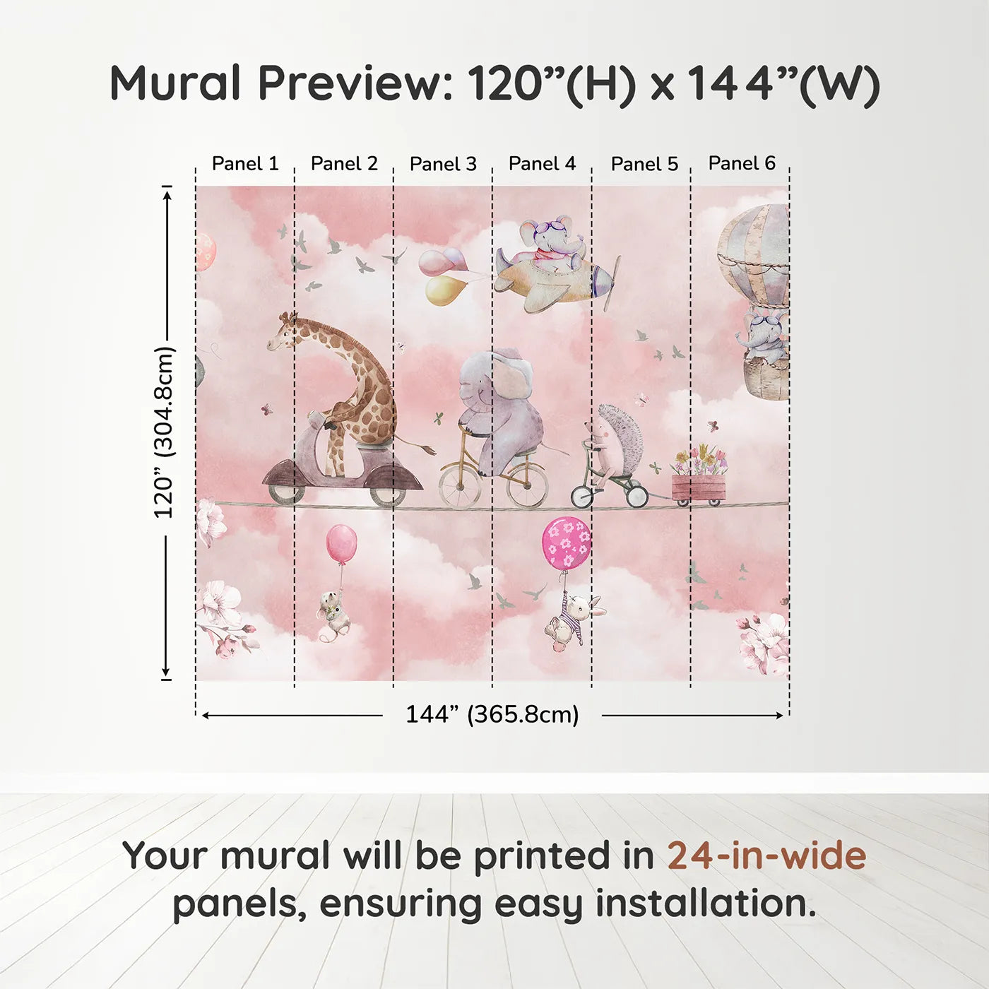 Whimsy Tots High Wire Circus Wall Muraldimension view (120" H x 144" W). Printed in six 24-inch-wide panels. Gender-Neutral