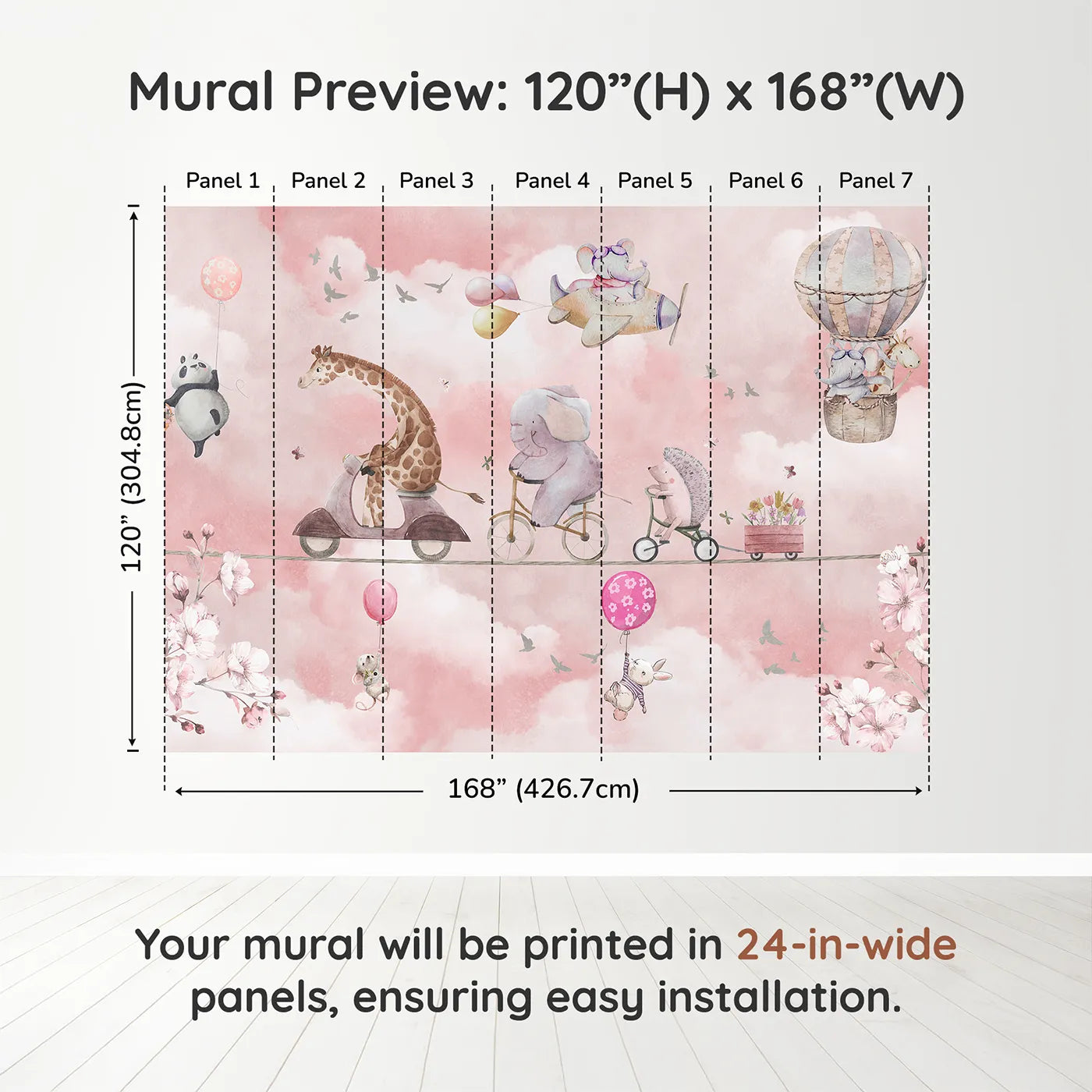 Whimsy Tots High Wire Circus Wall Muraldimension view (120" H x 168" W). Printed in seven 24-inch-wide panels. Gender-Neutral