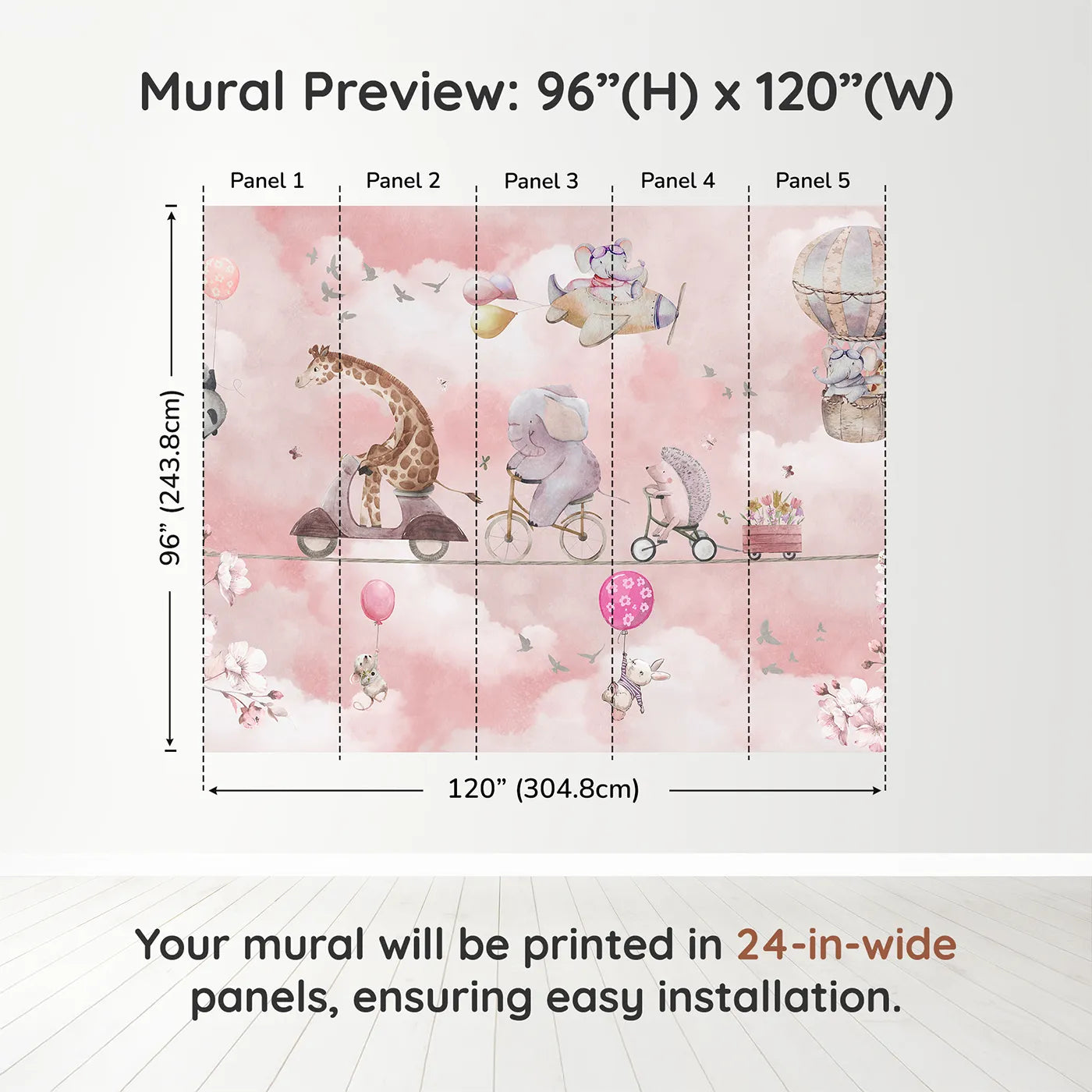 Whimsy Tots High Wire Circus Wall Muraldimension view (96" H x 120" W). Printed in five 24-inch-wide panels. Gender-Neutral