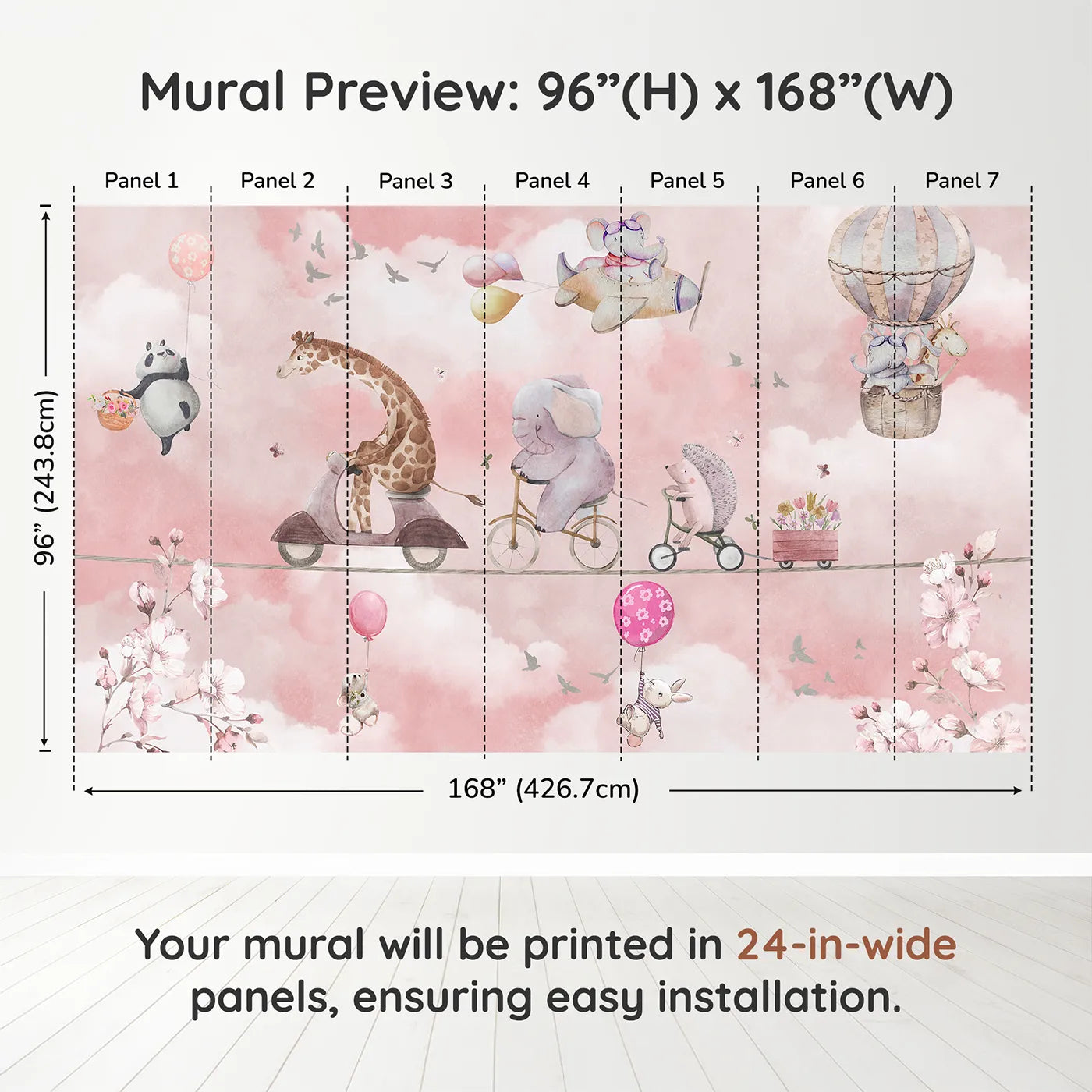 Whimsy Tots High Wire Circus Wall Muraldimension view (96" H x 168" W). Printed in seven 24-inch-wide panels. Gender-Neutral