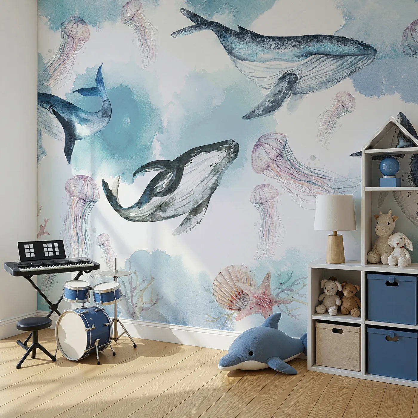 Angled view of Whimsy Tots' Watercolor Whale Family Wall Mural (Turn Their Room into a Dreamy, Ethereal Ocean).Gender-Neutral