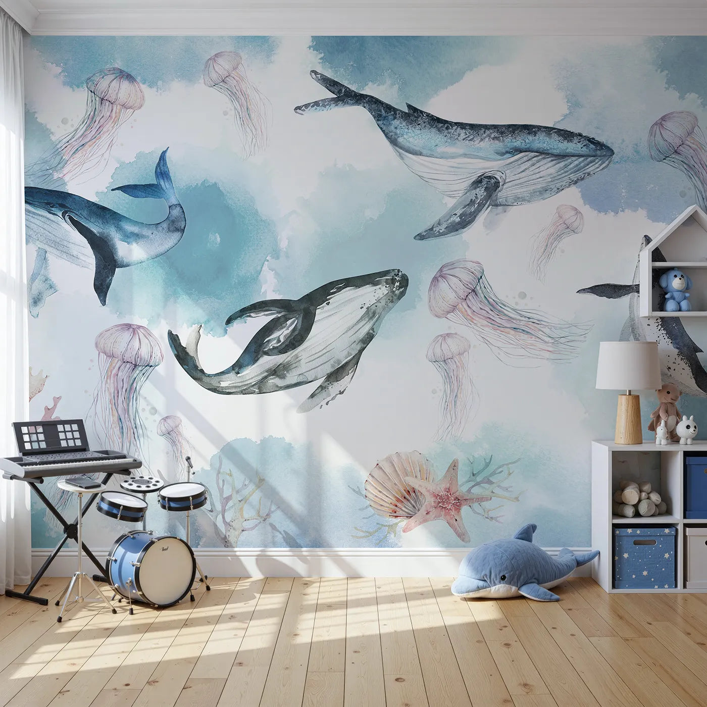 Front view of Whimsy Tots' Watercolor Whale Family Wall Mural