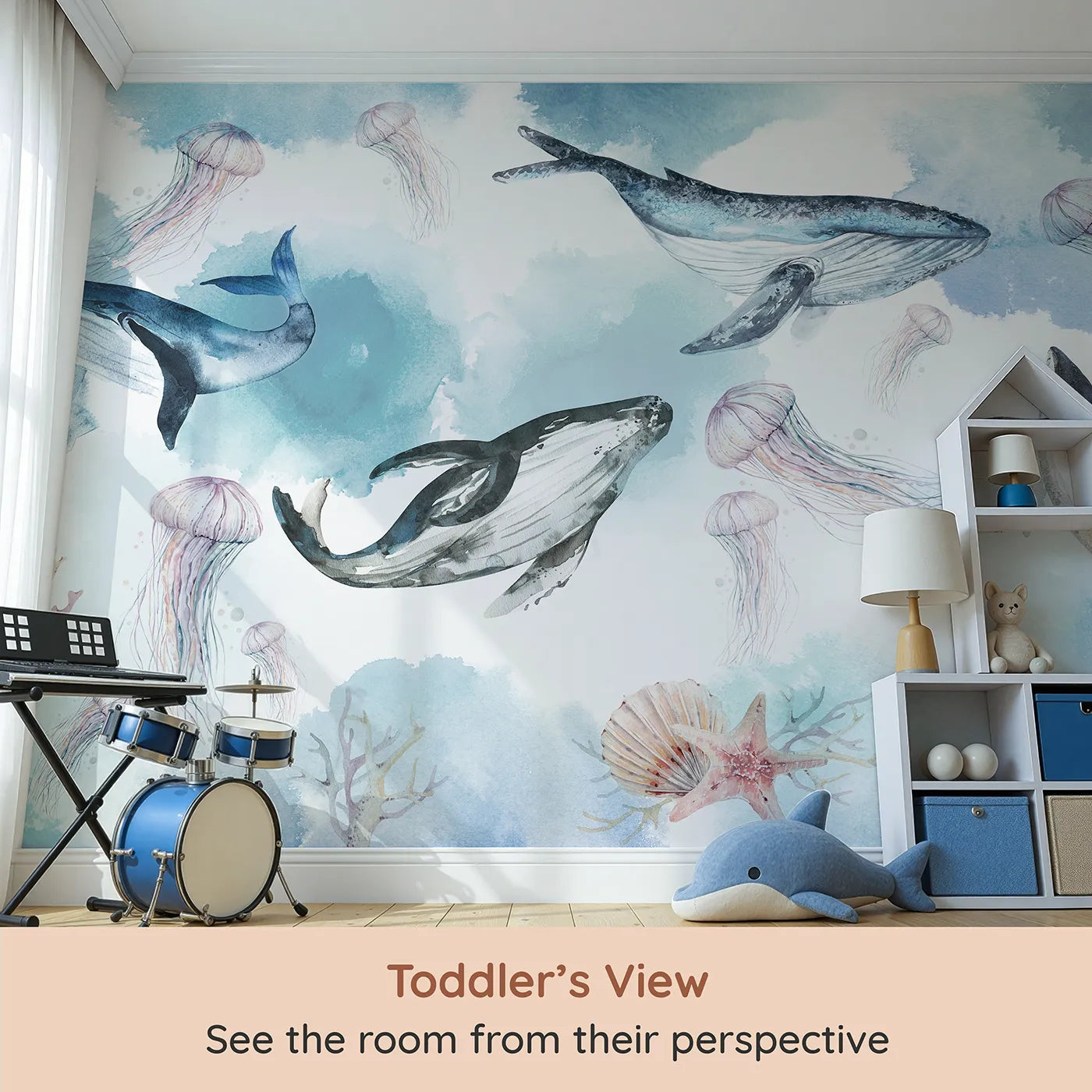 Whimsy Tots Watercolor Whale Family Wall Mural (Turn Their Room into a Dreamy, Ethereal Ocean) from your child's view.Gender-Neutral