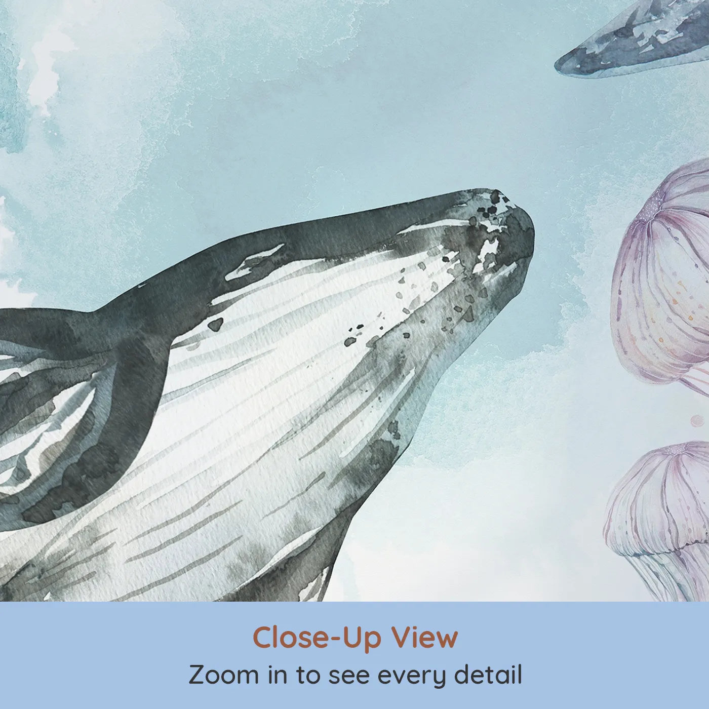 Close-up view of Whimsy Tots' Watercolor Whale Family Wall Mural (Turn Their Room into a Dreamy, Ethereal Ocean).Gender-Neutral