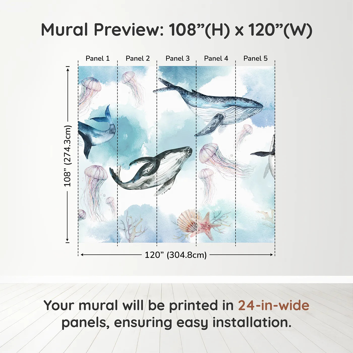 Whimsy Tots Watercolor Whale Family Wall Muraldimension view (108" H x 120" W). Printed in five 24-inch-wide panels. Gender-Neutral