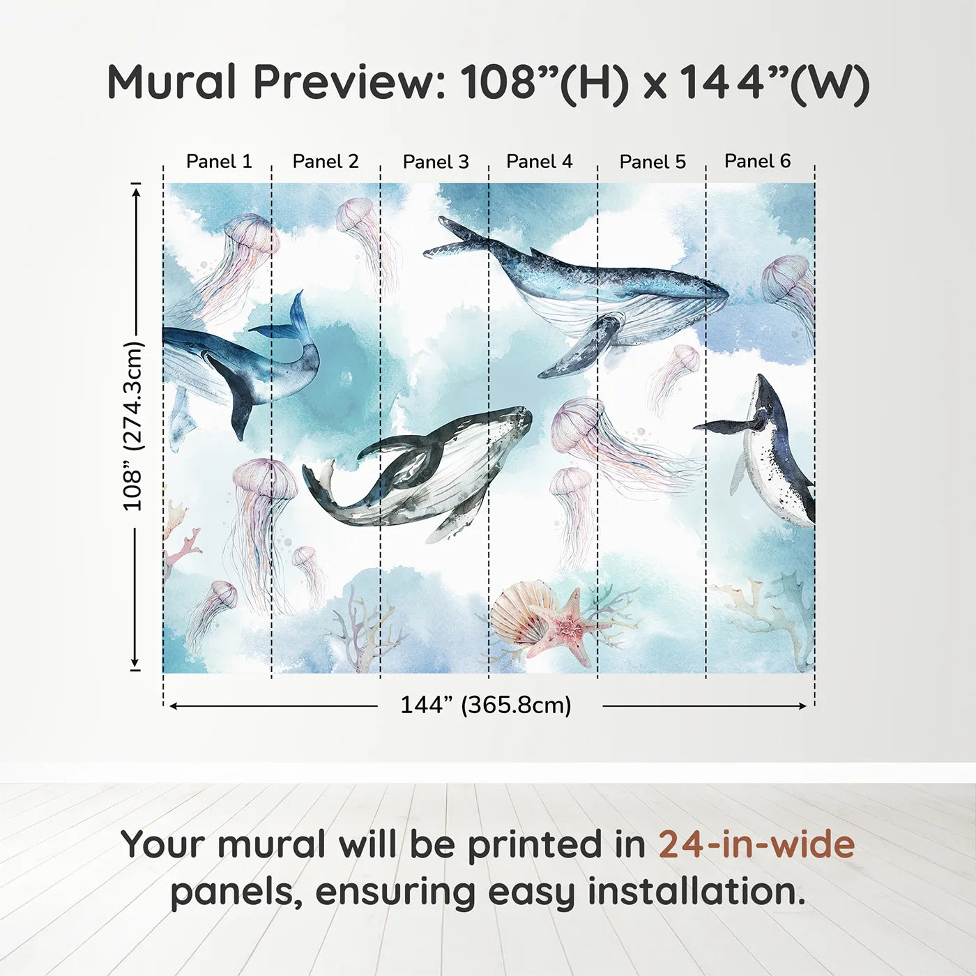 Whimsy Tots Watercolor Whale Family Wall Muraldimension view (108" H x 144" W). Printed in six 24-inch-wide panels. Gender-Neutral