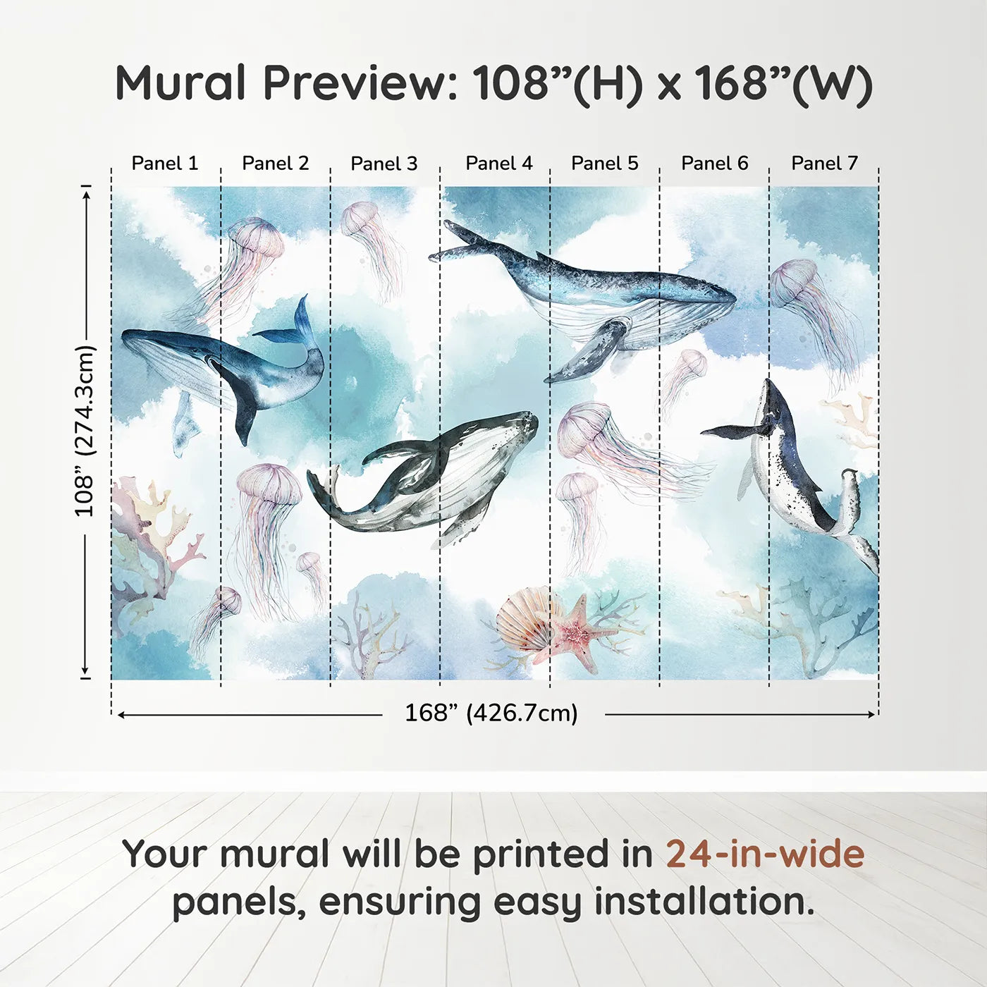 Whimsy Tots Watercolor Whale Family Wall Muraldimension view (108" H x 168" W). Printed in seven 24-inch-wide panels. Gender-Neutral