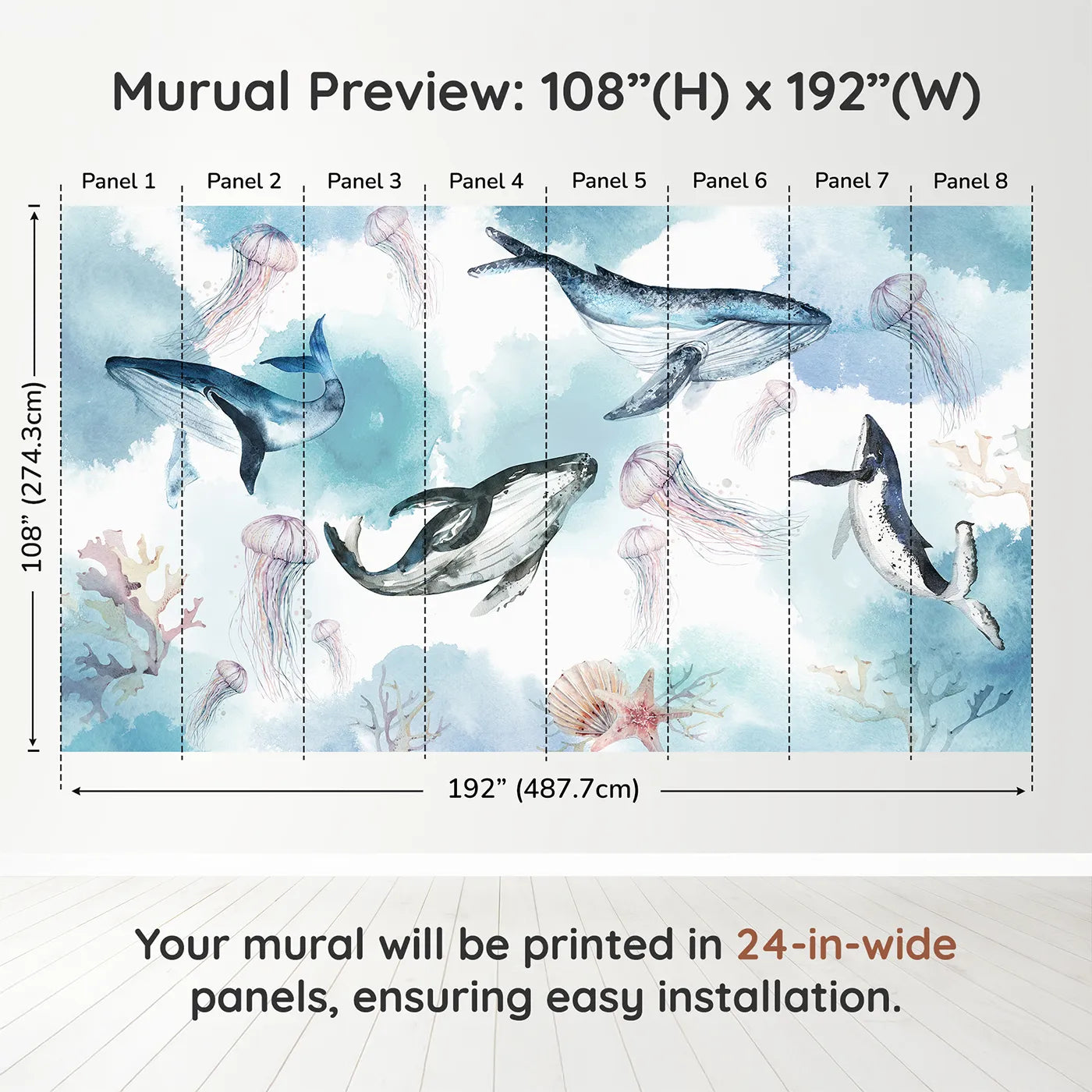 Whimsy Tots Watercolor Whale Family Wall Muraldimension view (108" H x 192" W). Printed in eight 24-inch-wide panels. Gender-Neutral
