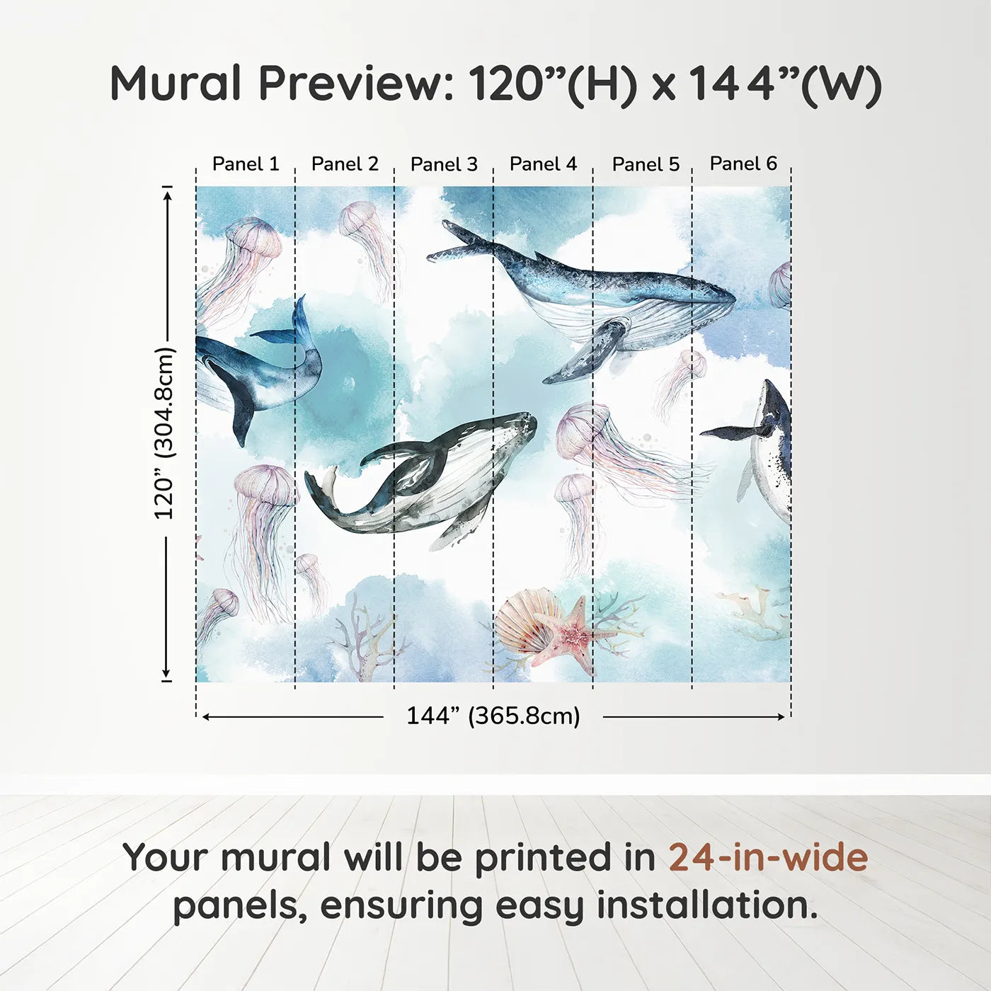 Whimsy Tots Watercolor Whale Family Wall Muraldimension view (120" H x 144" W). Printed in six 24-inch-wide panels. Gender-Neutral