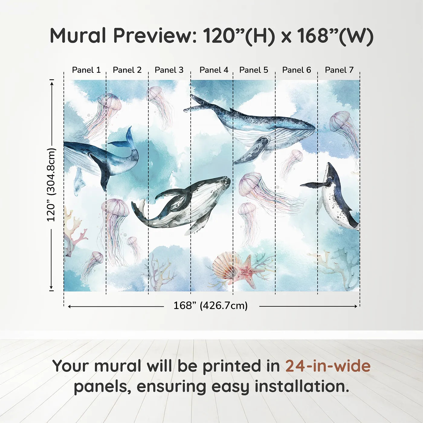 Whimsy Tots Watercolor Whale Family Wall Muraldimension view (120" H x 168" W). Printed in seven 24-inch-wide panels. Gender-Neutral