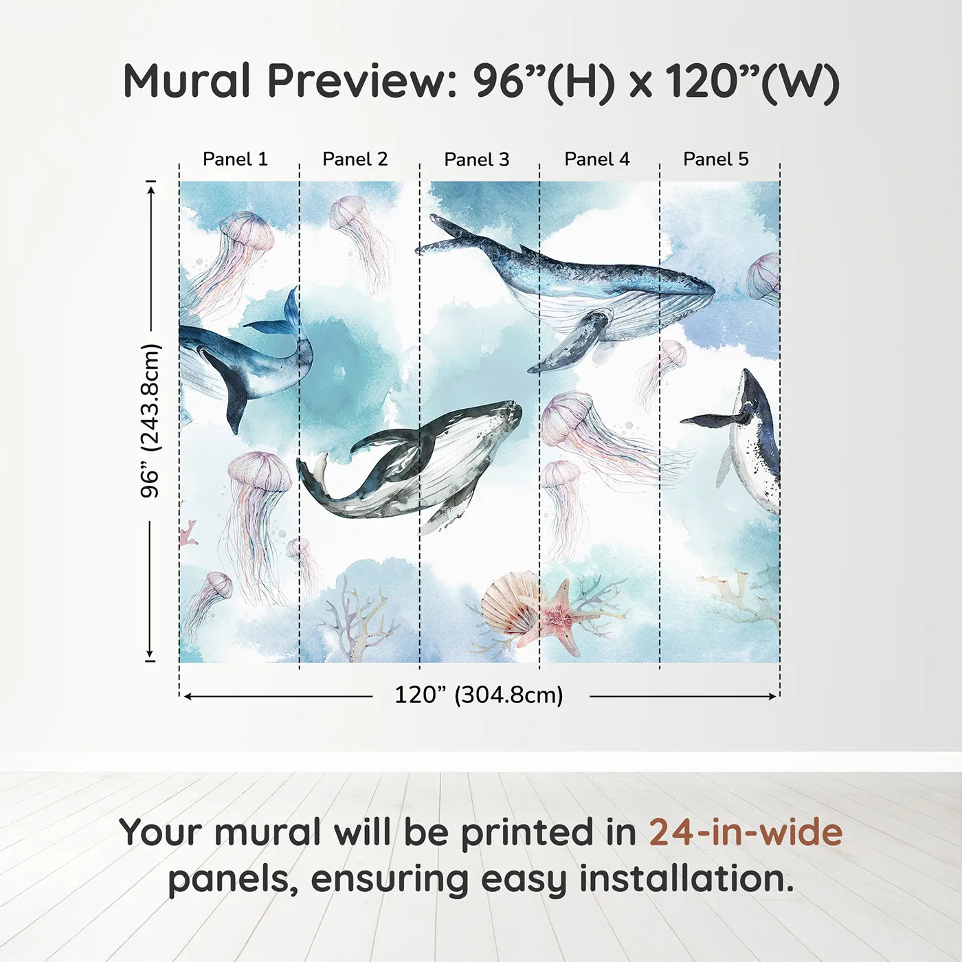 Whimsy Tots Watercolor Whale Family Wall Muraldimension view (96" H x 120" W). Printed in five 24-inch-wide panels. Gender-Neutral