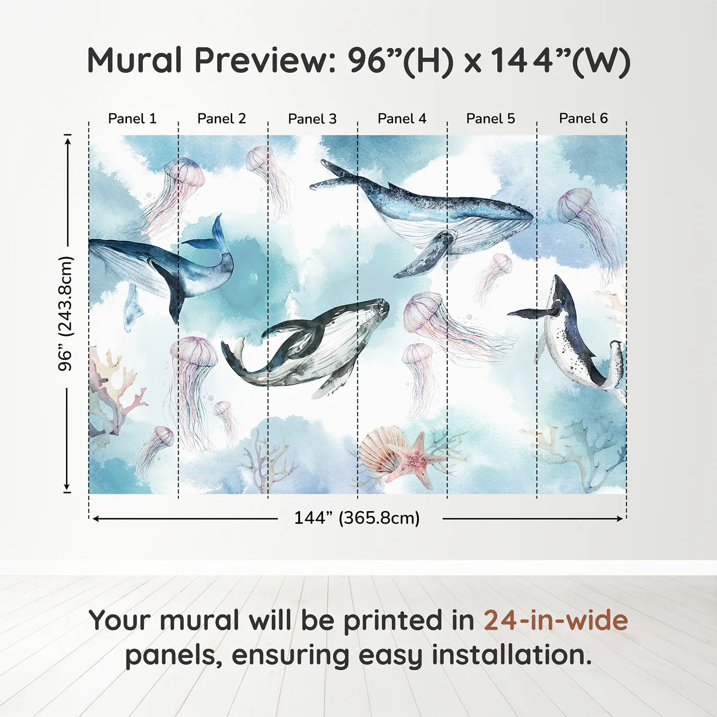 Whimsy Tots Watercolor Whale Family Wall Muraldimension view (96" H x 144" W). Printed in six 24-inch-wide panels. Gender-Neutral