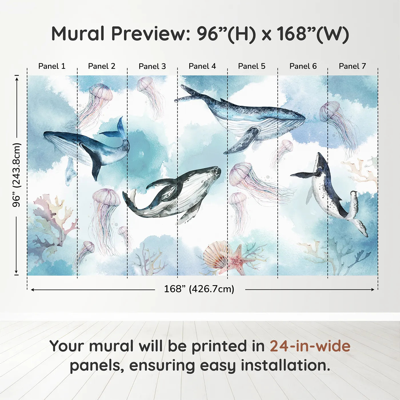 Whimsy Tots Watercolor Whale Family Wall Muraldimension view (96" H x 168" W). Printed in seven 24-inch-wide panels. Gender-Neutral