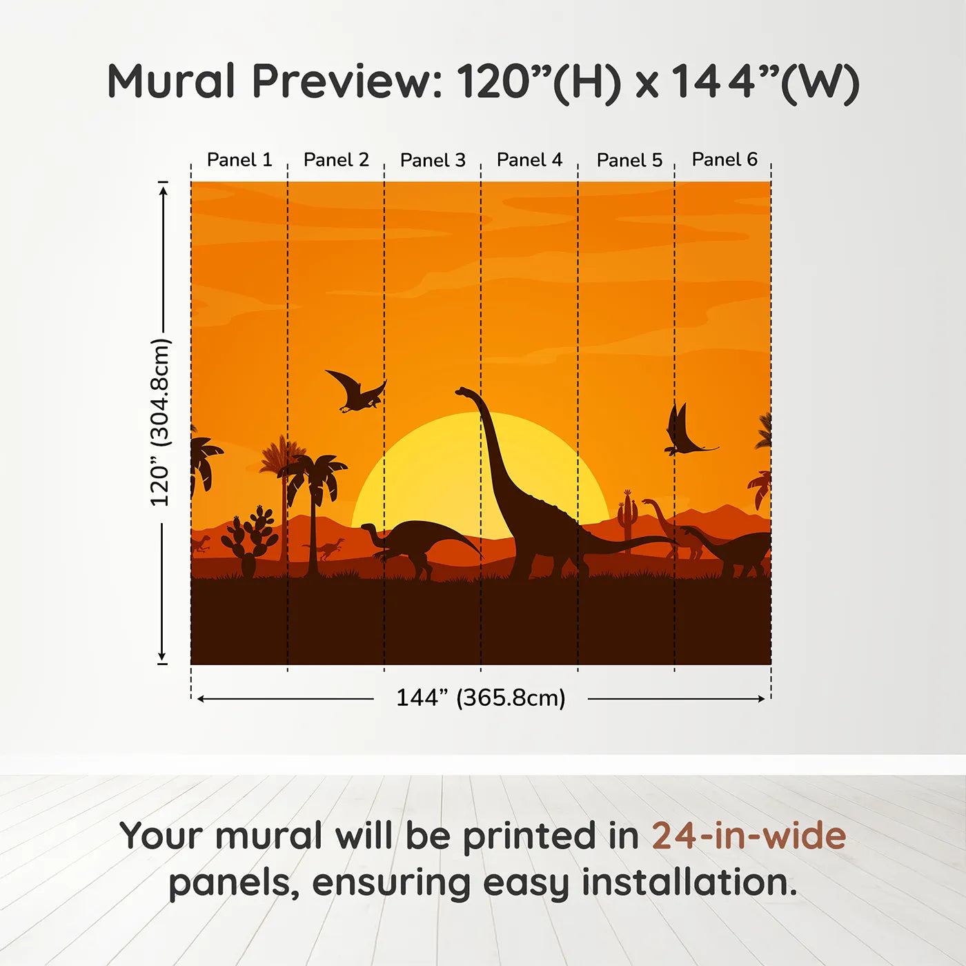 Whimsy Tots Dinosaur Sunset Panorama Wall Muraldimension view (120" H x 144" W). Printed in six 24-inch-wide panels. Gender-Neutral