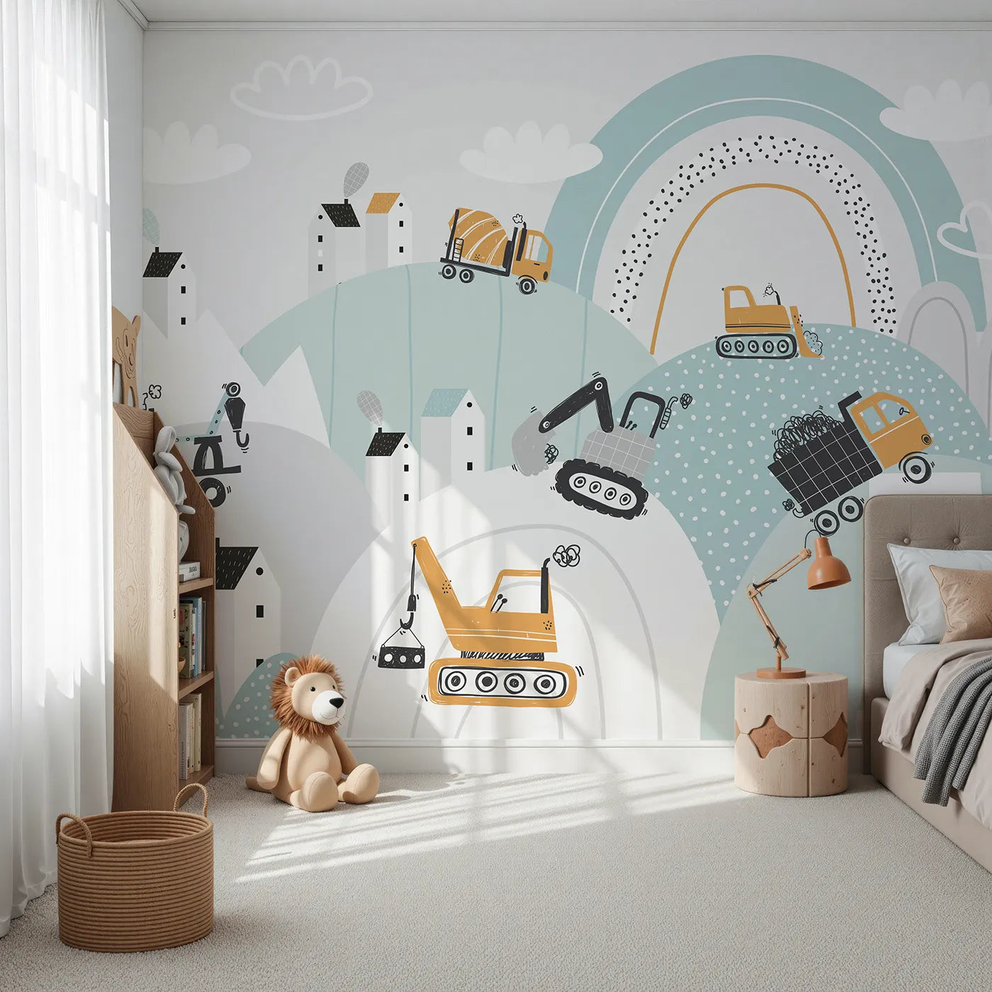 Front view of Whimsy Tots' Rainbow Construction Site Wall Mural