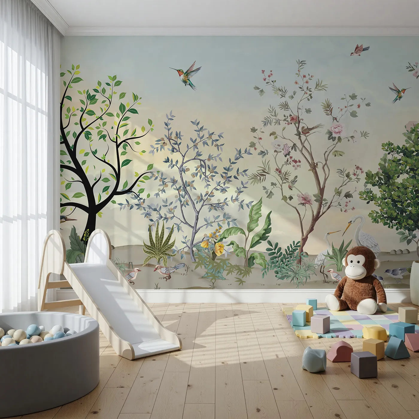 Front view of Whimsy Tots' Exotic Bird Garden Wall Mural in Green