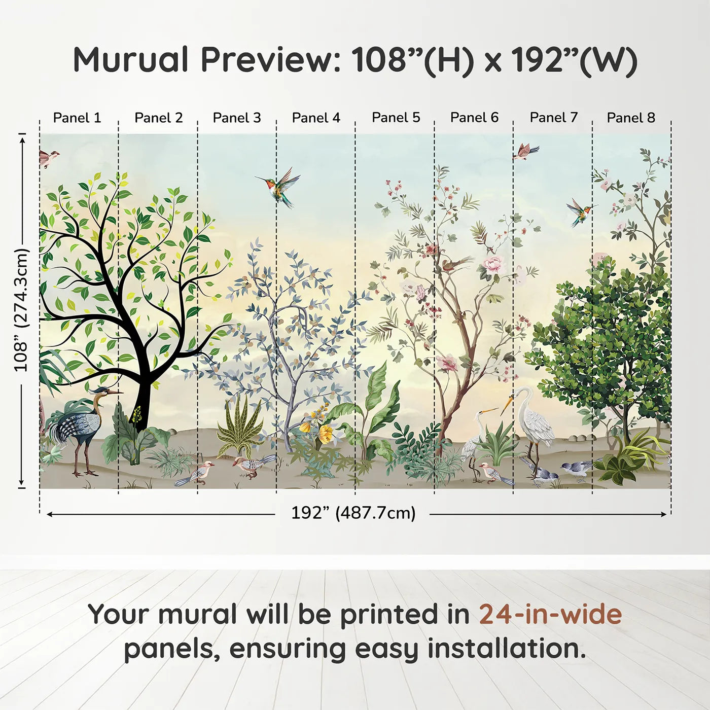 Whimsy Tots Exotic Bird Garden Wall Mural in Greendimension view (108" H x 192" W). Printed in eight 24-inch-wide panels. Gender-Neutral