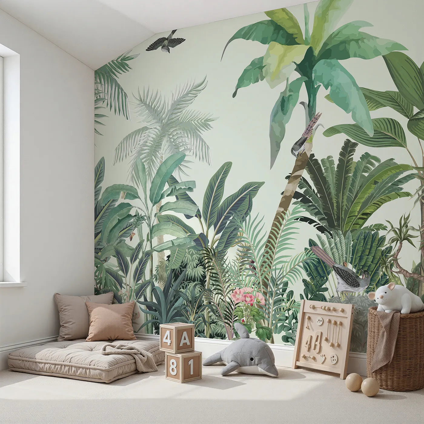 Angled view of Whimsy Tots' Tropical Bird Paradise Wall Mural (Turn Their Room into a Lush, Hand-Painted Jungle).Gender-Neutral
