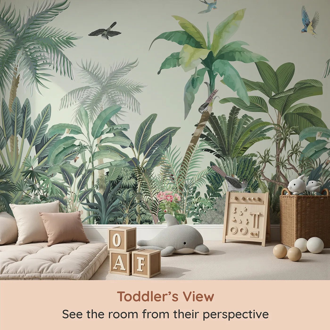 Whimsy Tots Tropical Bird Paradise Wall Mural (Turn Their Room into a Lush, Hand-Painted Jungle) from your child's view.Gender-Neutral