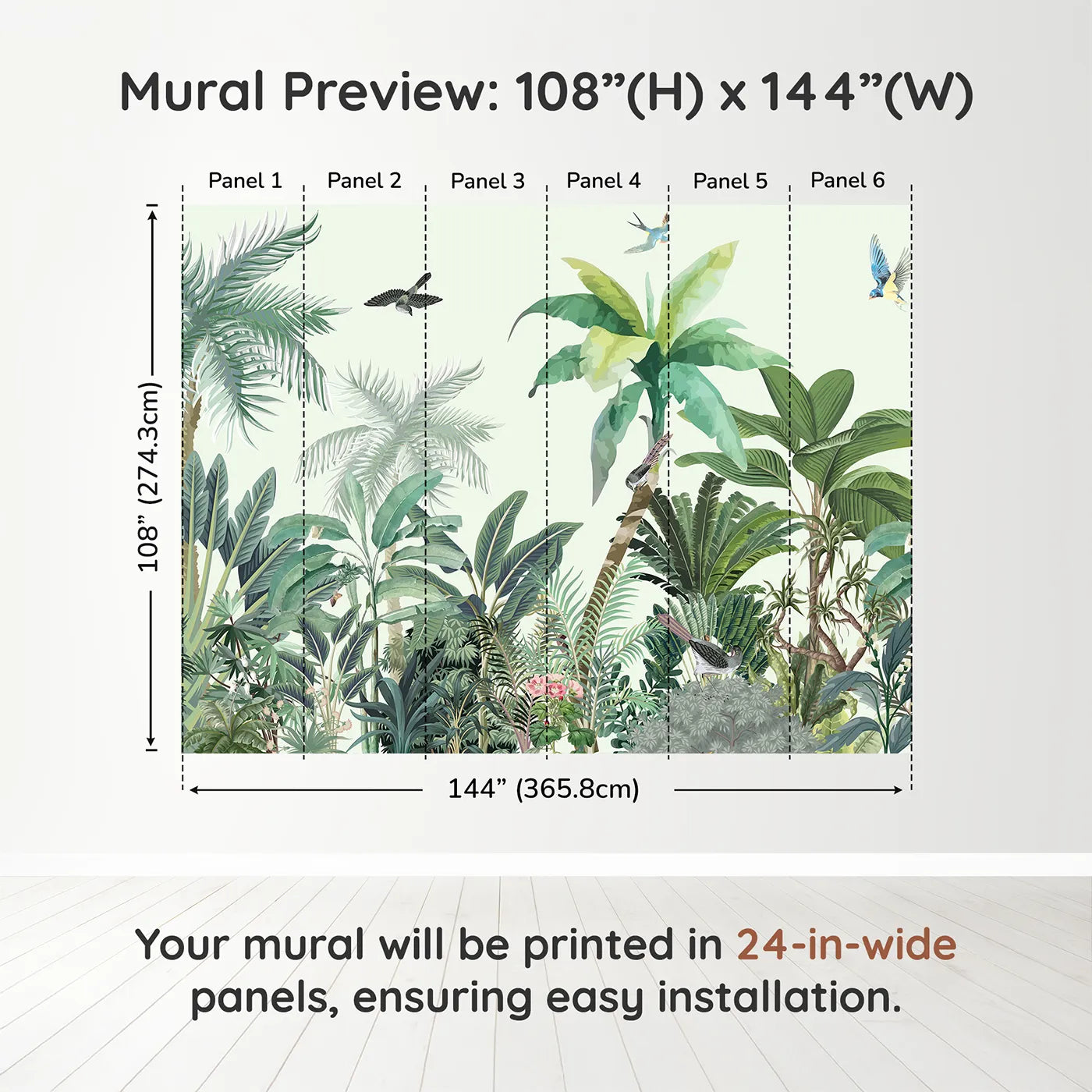 Whimsy Tots Tropical Bird Paradise Wall Muraldimension view (108" H x 144" W). Printed in six 24-inch-wide panels. Gender-Neutral