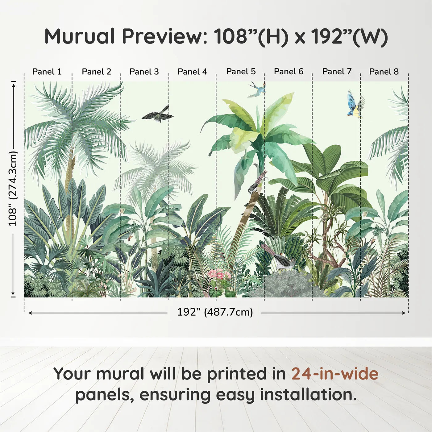Whimsy Tots Tropical Bird Paradise Wall Muraldimension view (108" H x 192" W). Printed in eight 24-inch-wide panels. Gender-Neutral