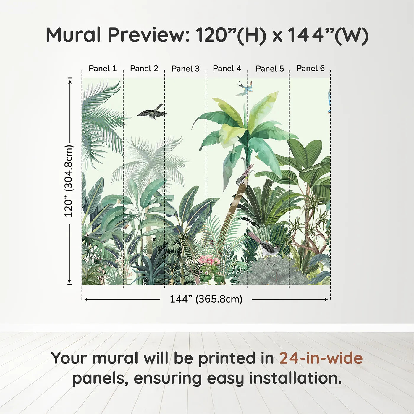 Whimsy Tots Tropical Bird Paradise Wall Muraldimension view (120" H x 144" W). Printed in six 24-inch-wide panels. Gender-Neutral