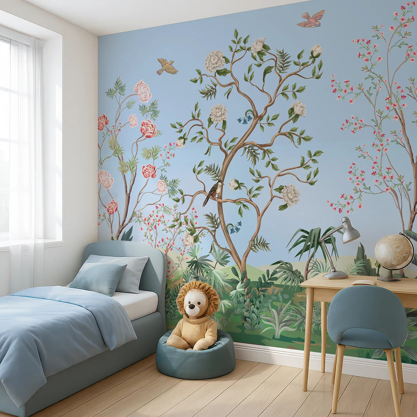 Angled view of Whimsy Tots' Chinoiserie Garden in Blue Wall Mural (Turn Their Room into an Elegant, Hand-Painted Paradise).Gender-Neutral
