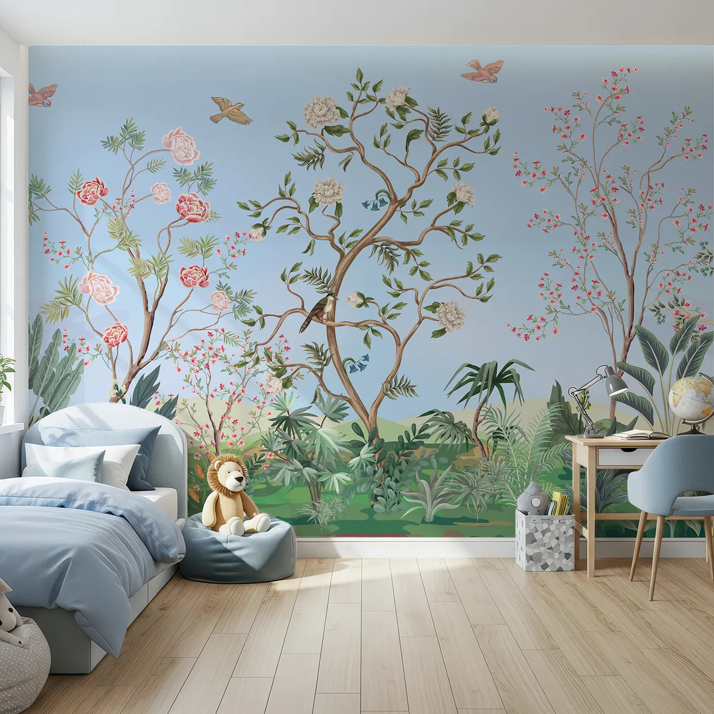 Front view of Whimsy Tots' Chinoiserie Garden in Blue Wall Mural