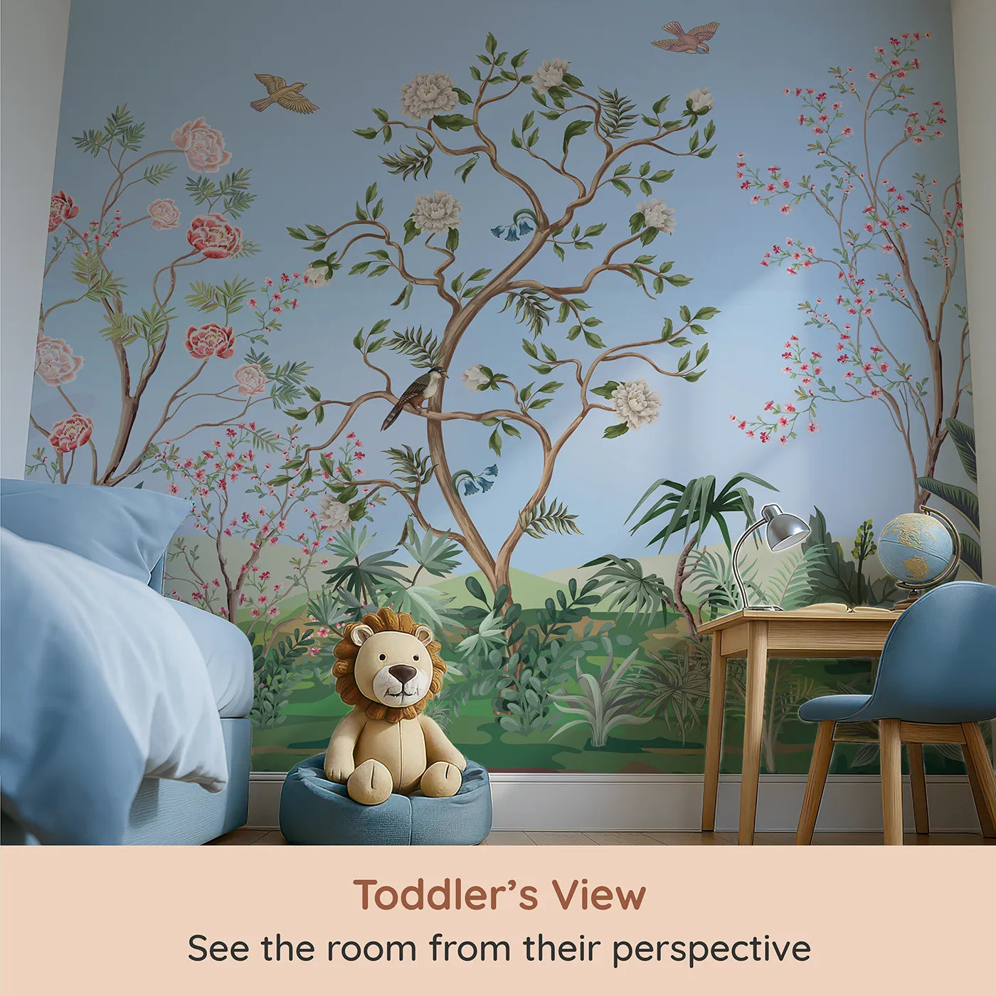 Whimsy Tots Chinoiserie Garden in Blue Wall Mural (Turn Their Room into an Elegant, Hand-Painted Paradise) from your child's view.Gender-Neutral